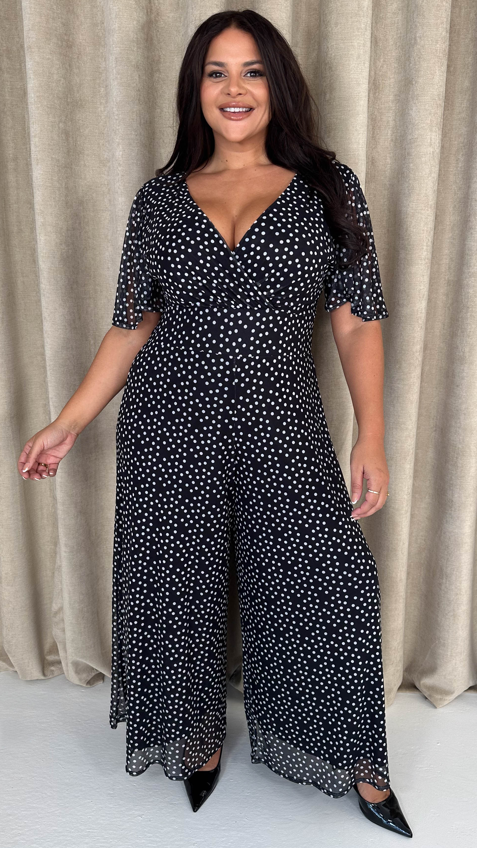 CurveWow Printed Mesh Angel Sleeve Wideleg Jumpsuit Spot - Insurauncei