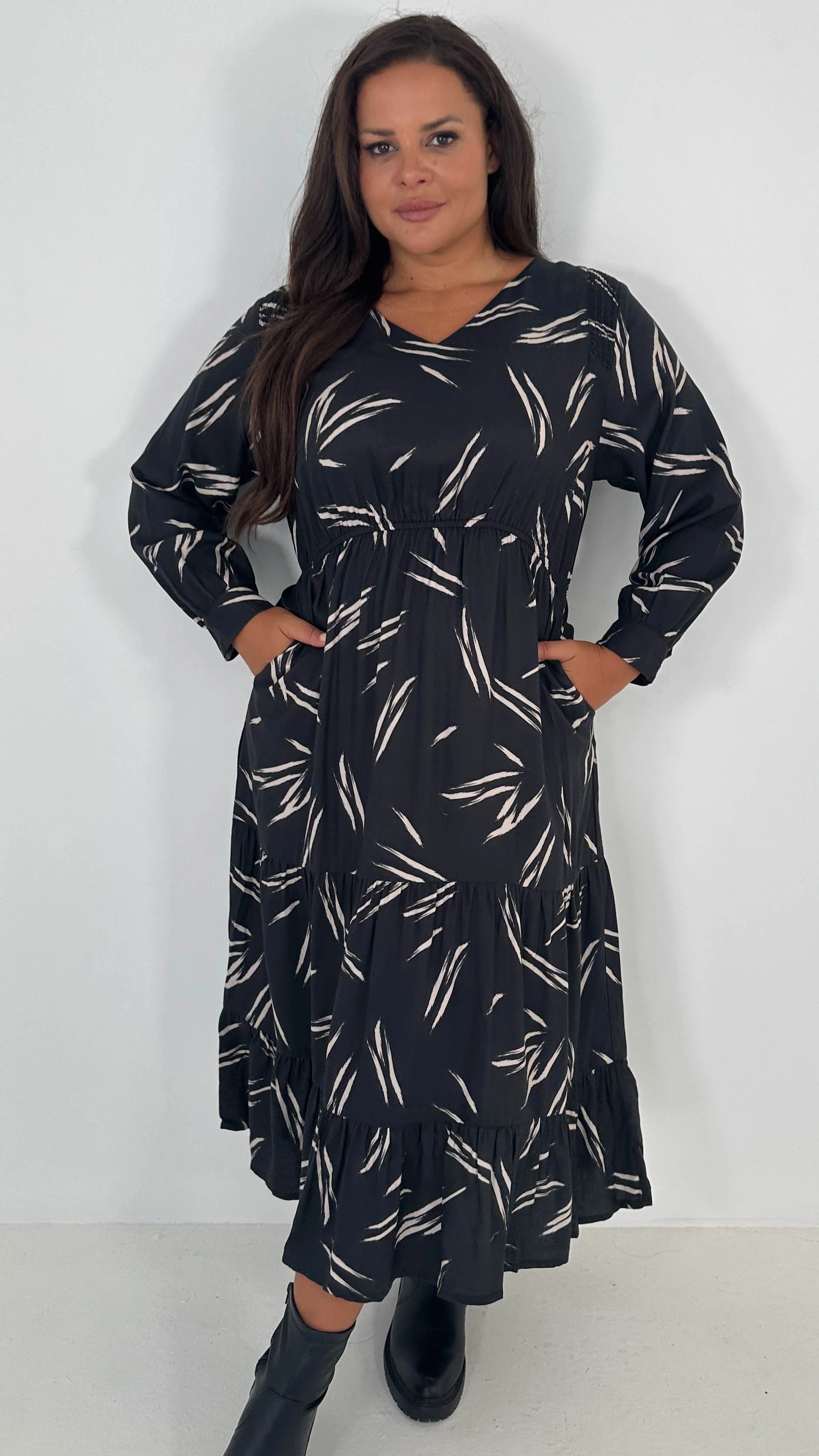 CurveWow V-Neck Midi Dress Black & Nude Print - Insurauncei