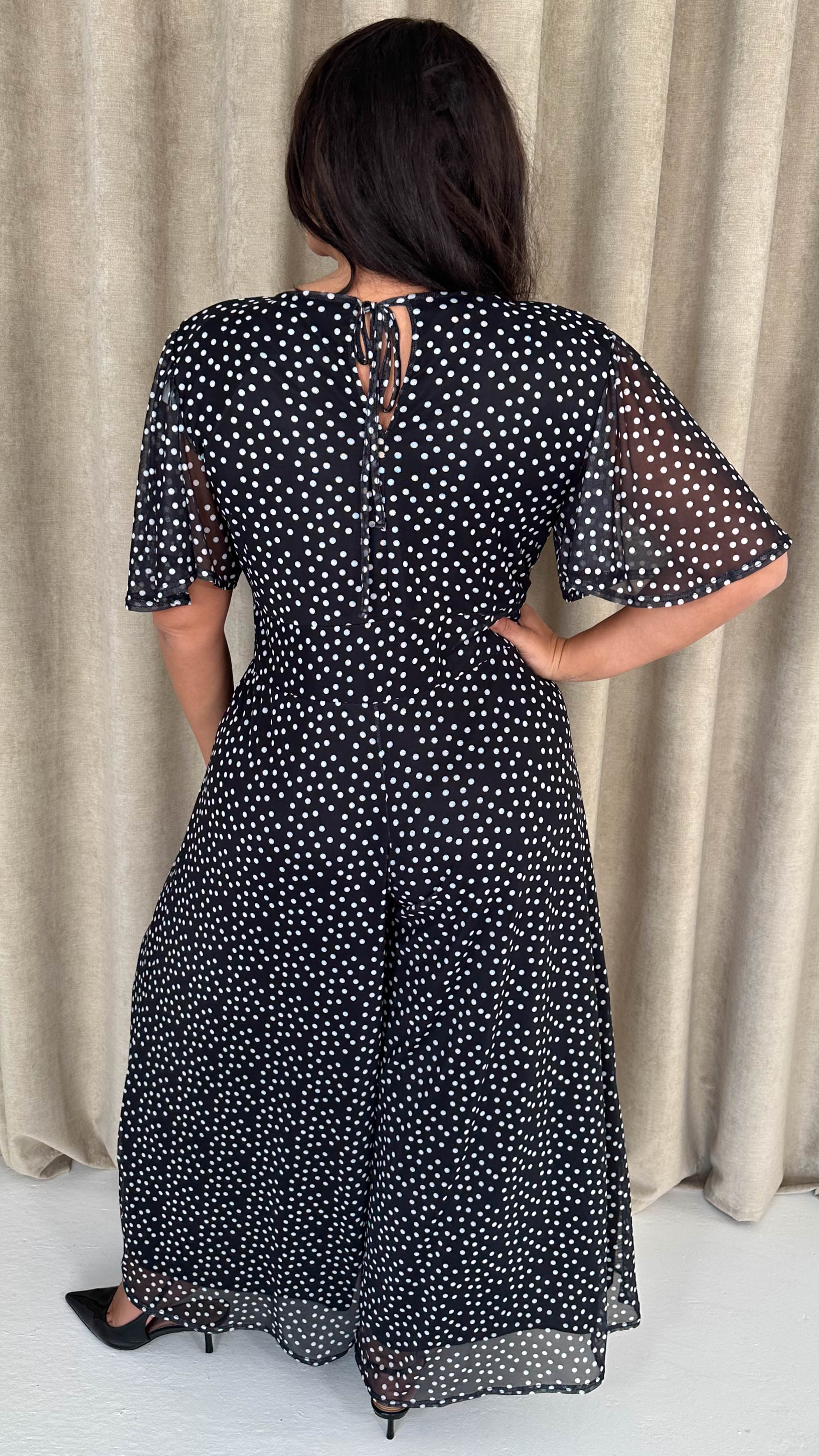 CurveWow Printed Mesh Angel Sleeve Wideleg Jumpsuit Spot - Insurauncei