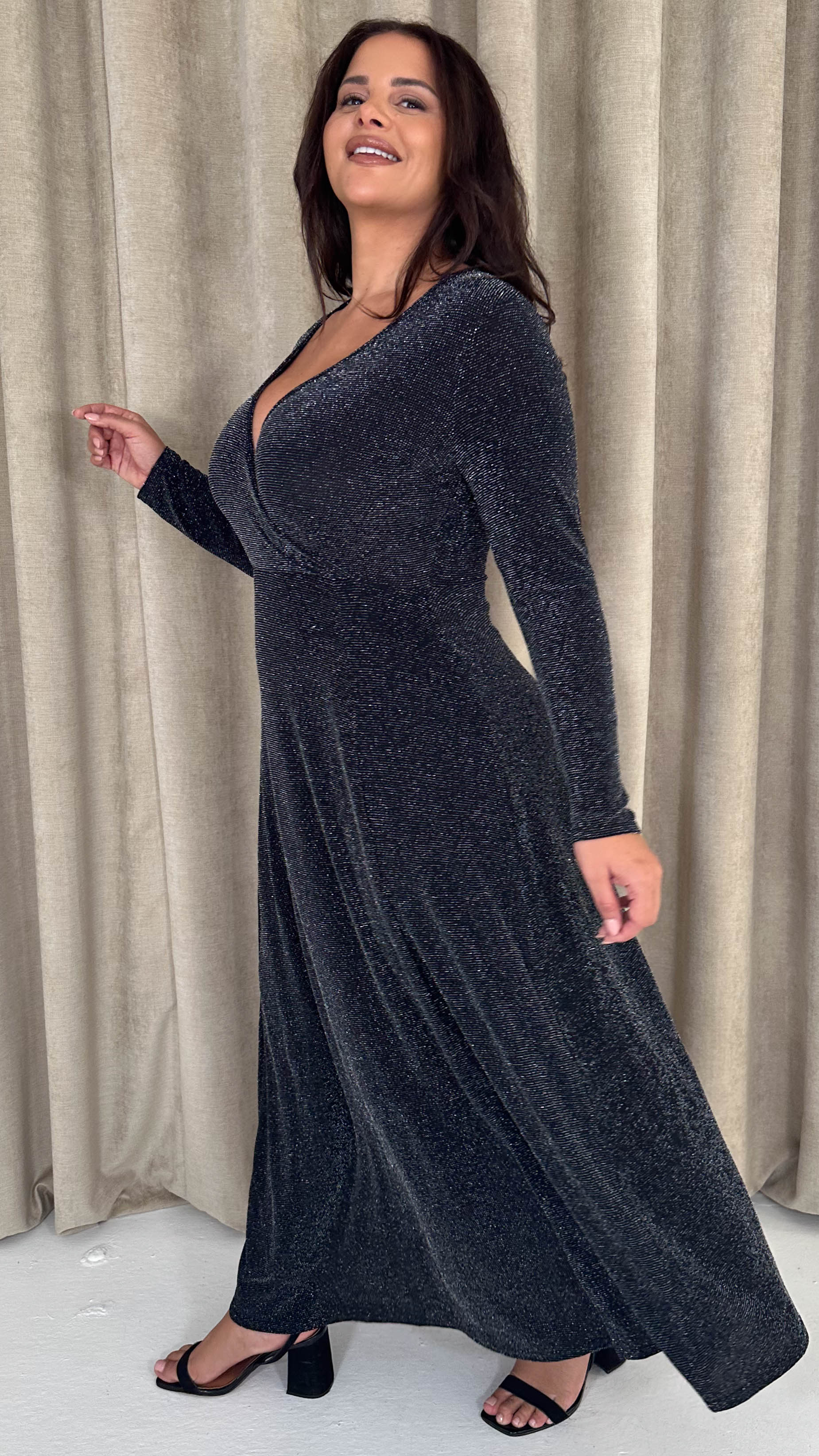 CurveWow Wrap Maxi Dress Black & Silver Sparkle - Insurauncei