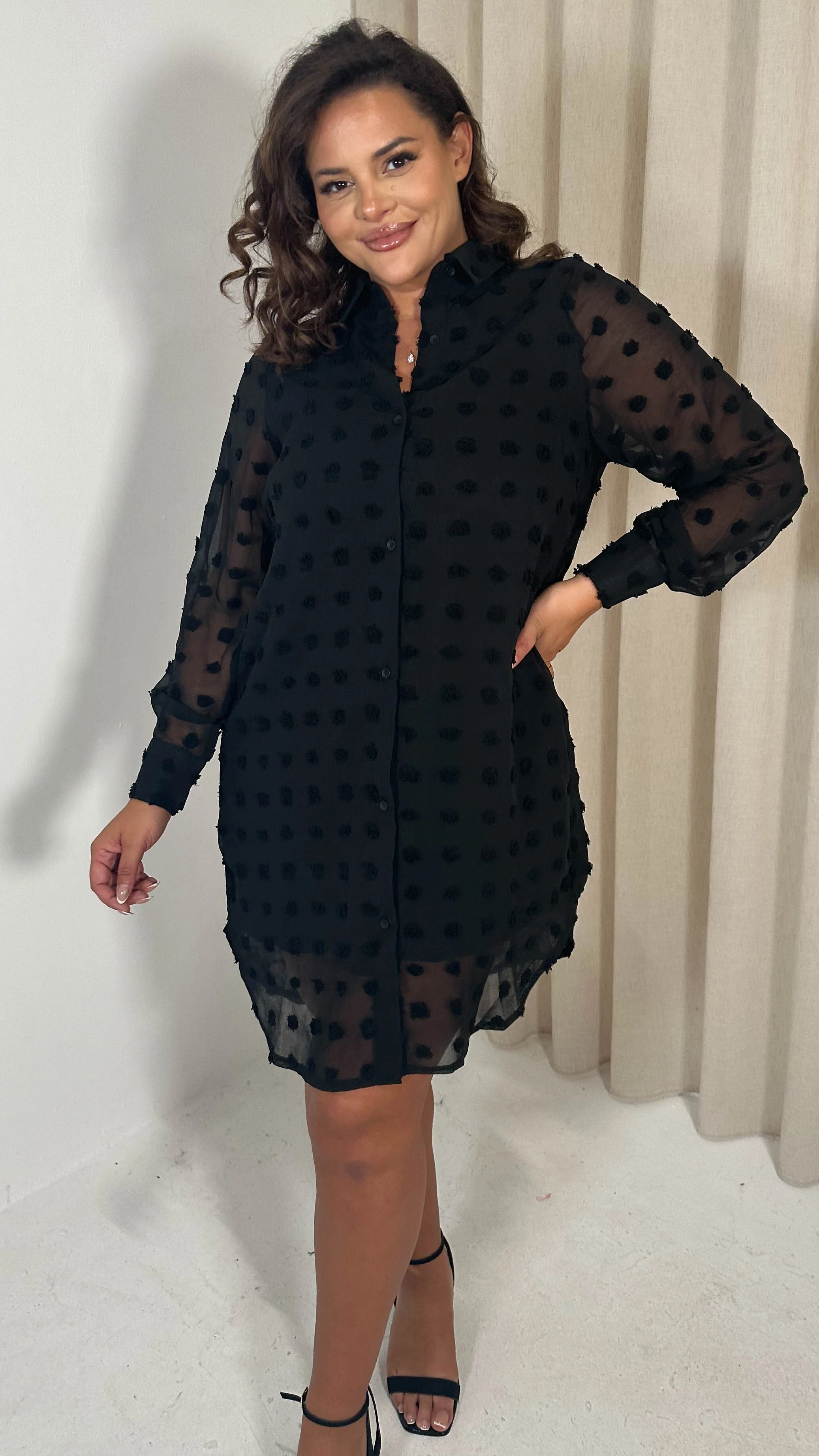 CurveWow Embossed Dot Shirt Dress Black - Insurauncei