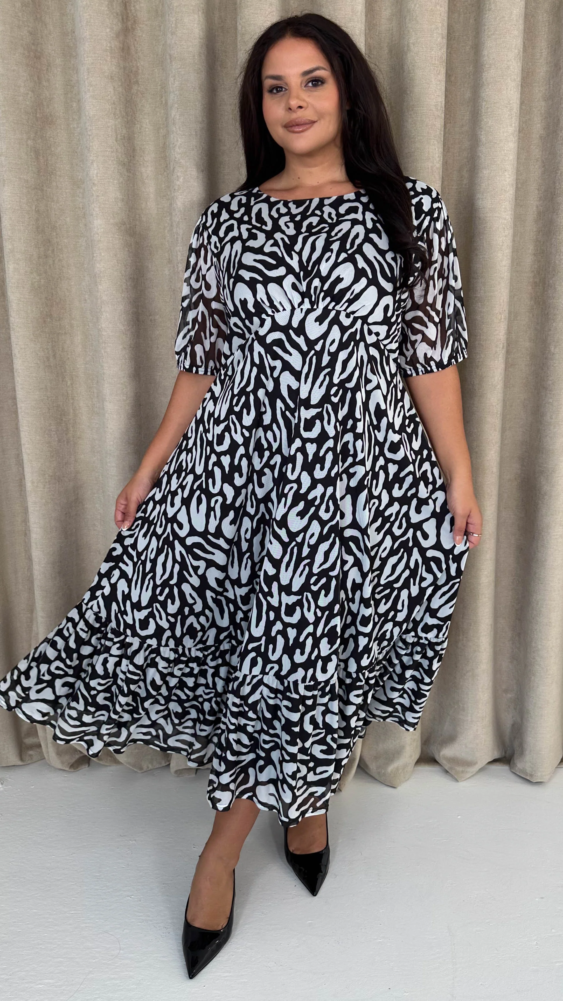 CurveWow Mesh Puff Sleeve Dress Black Leopard - Insurauncei