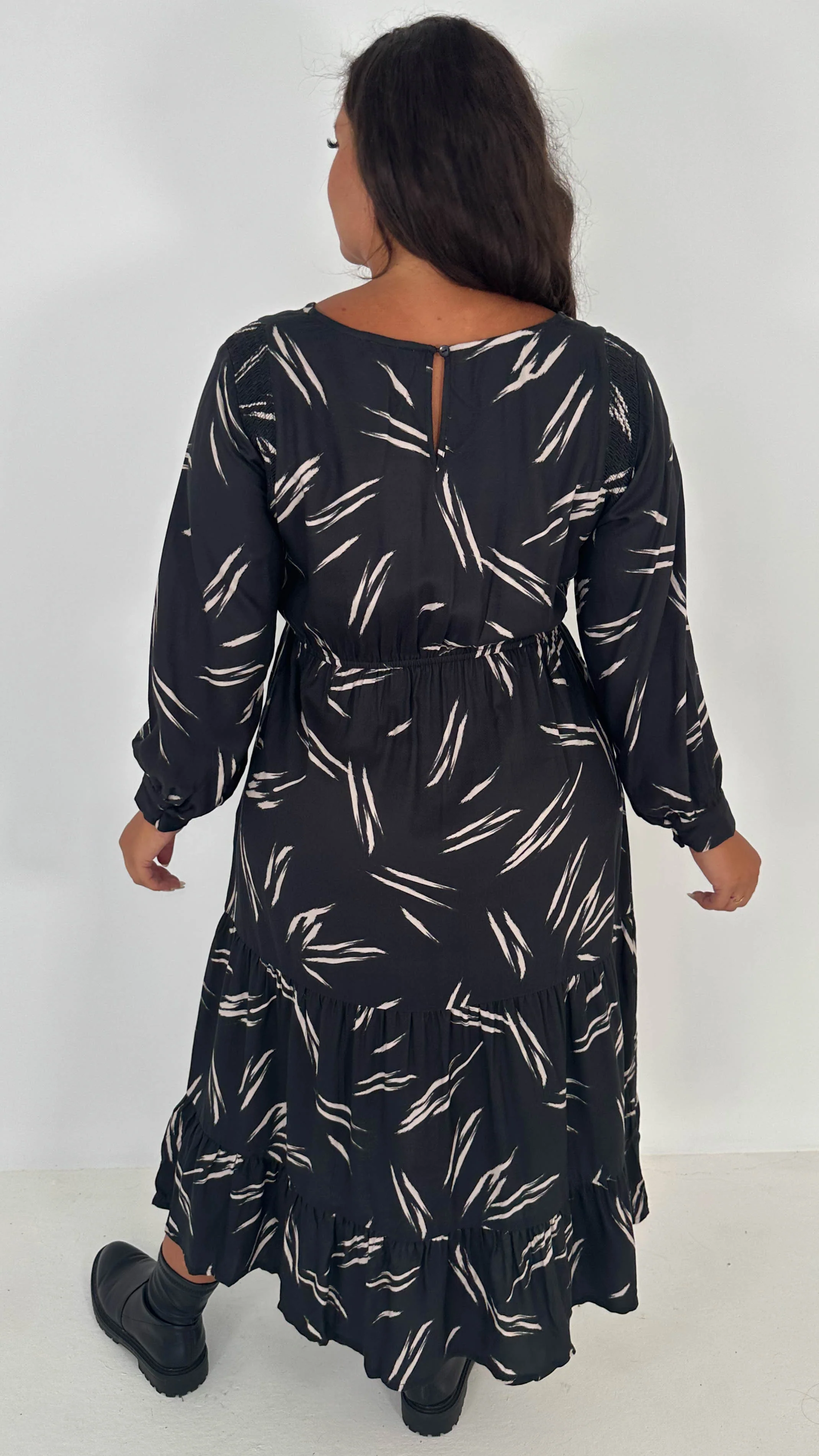 CurveWow V-Neck Midi Dress Black & Nude Print - Insurauncei