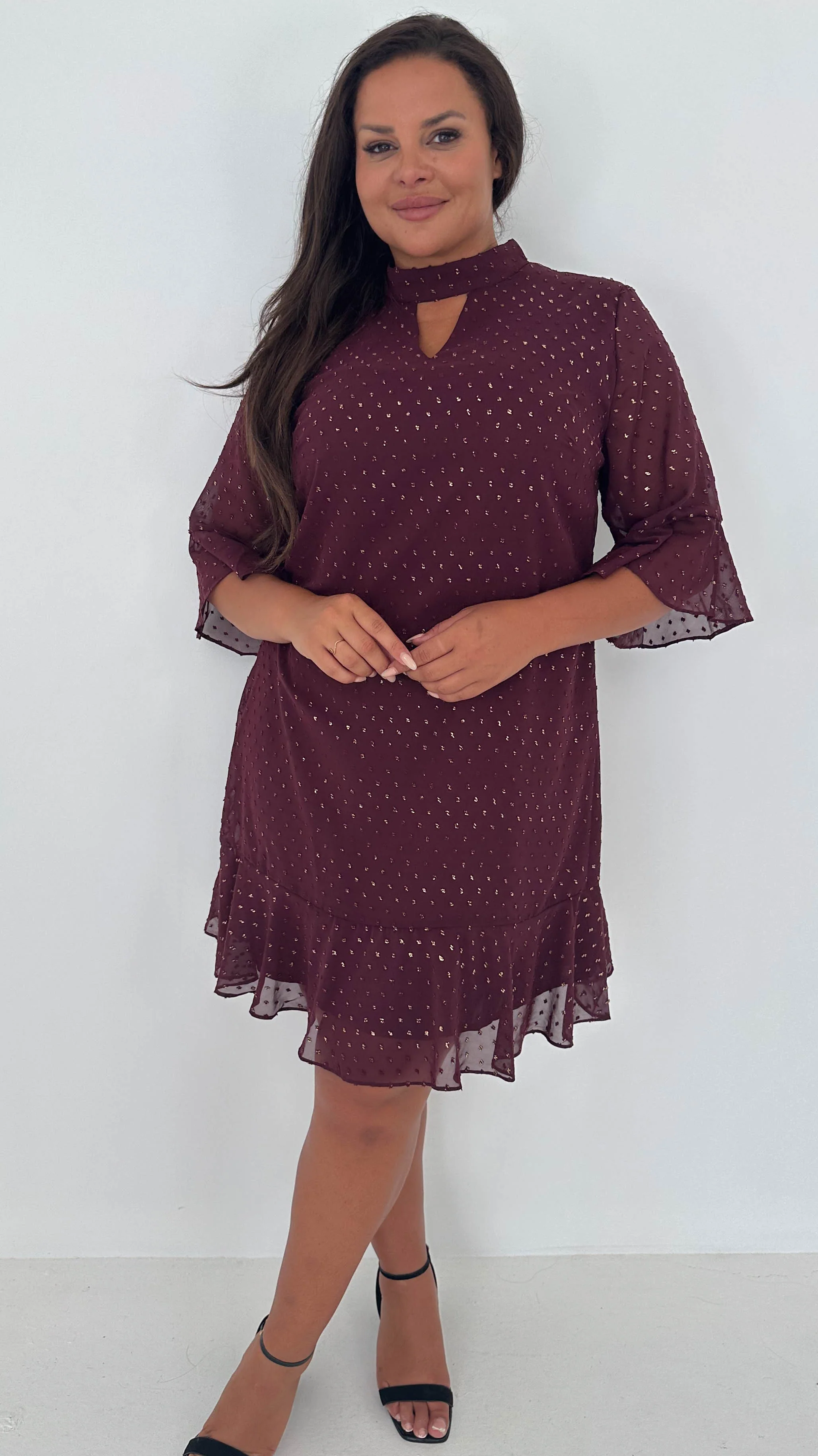 CurveWow Gold Spot Keyhole Shift Dress Plum - Insurauncei