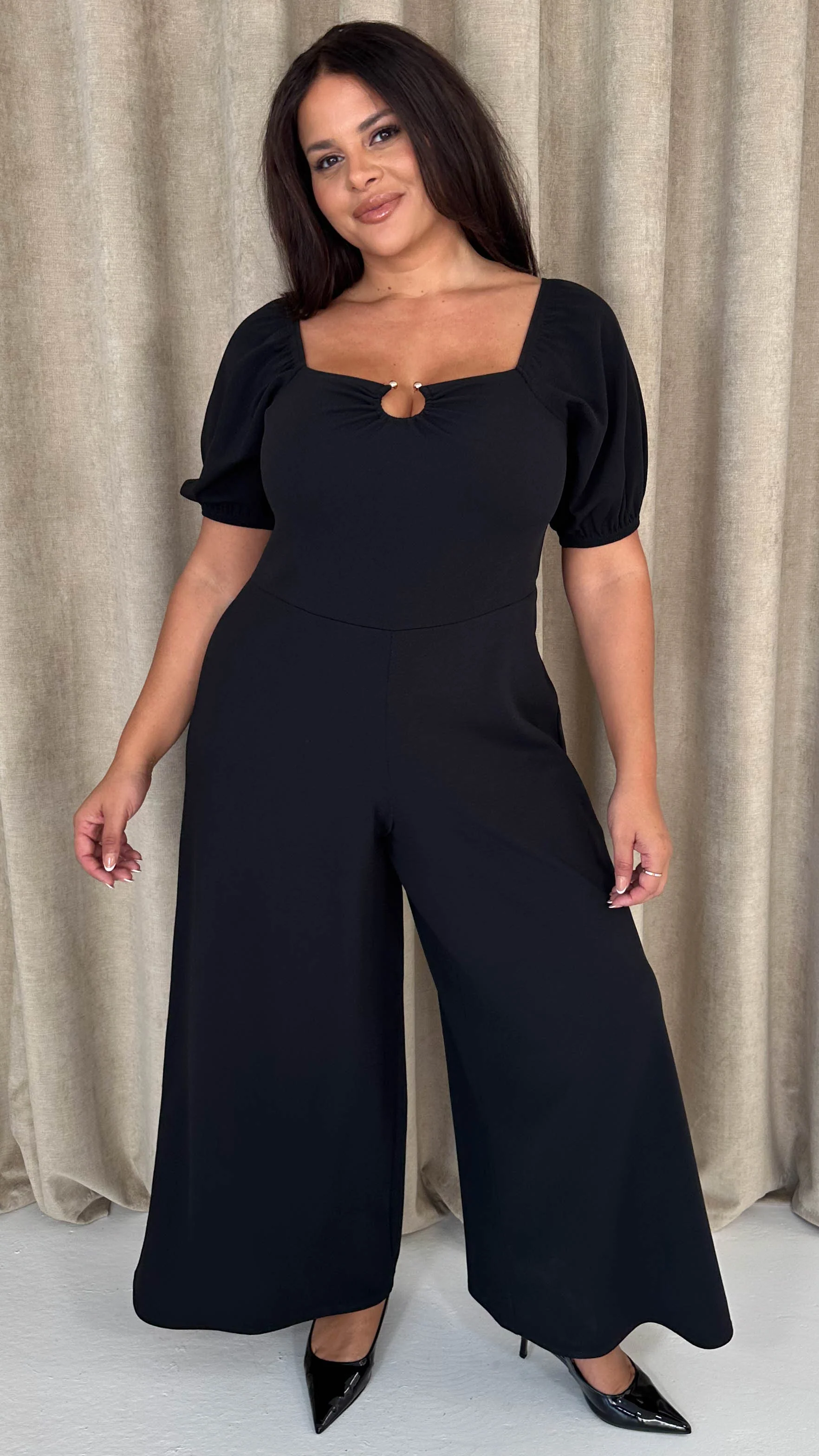 CurveWow O-Ring Milkmaid Wideleg Jumpsuit Black - Insurauncei