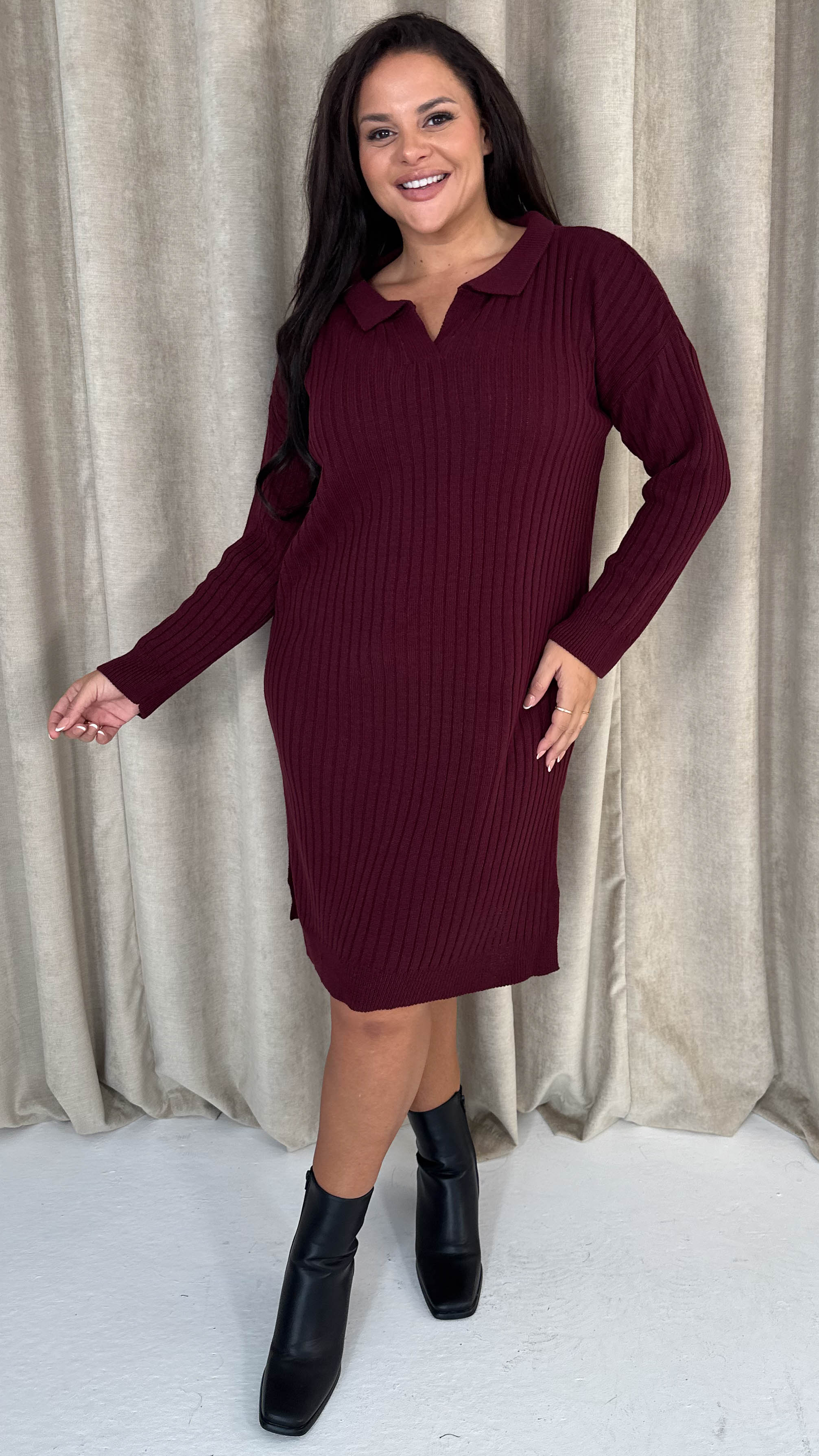CurveWow Collar Rib Knitted Jumper Dress Wine - Insurauncei