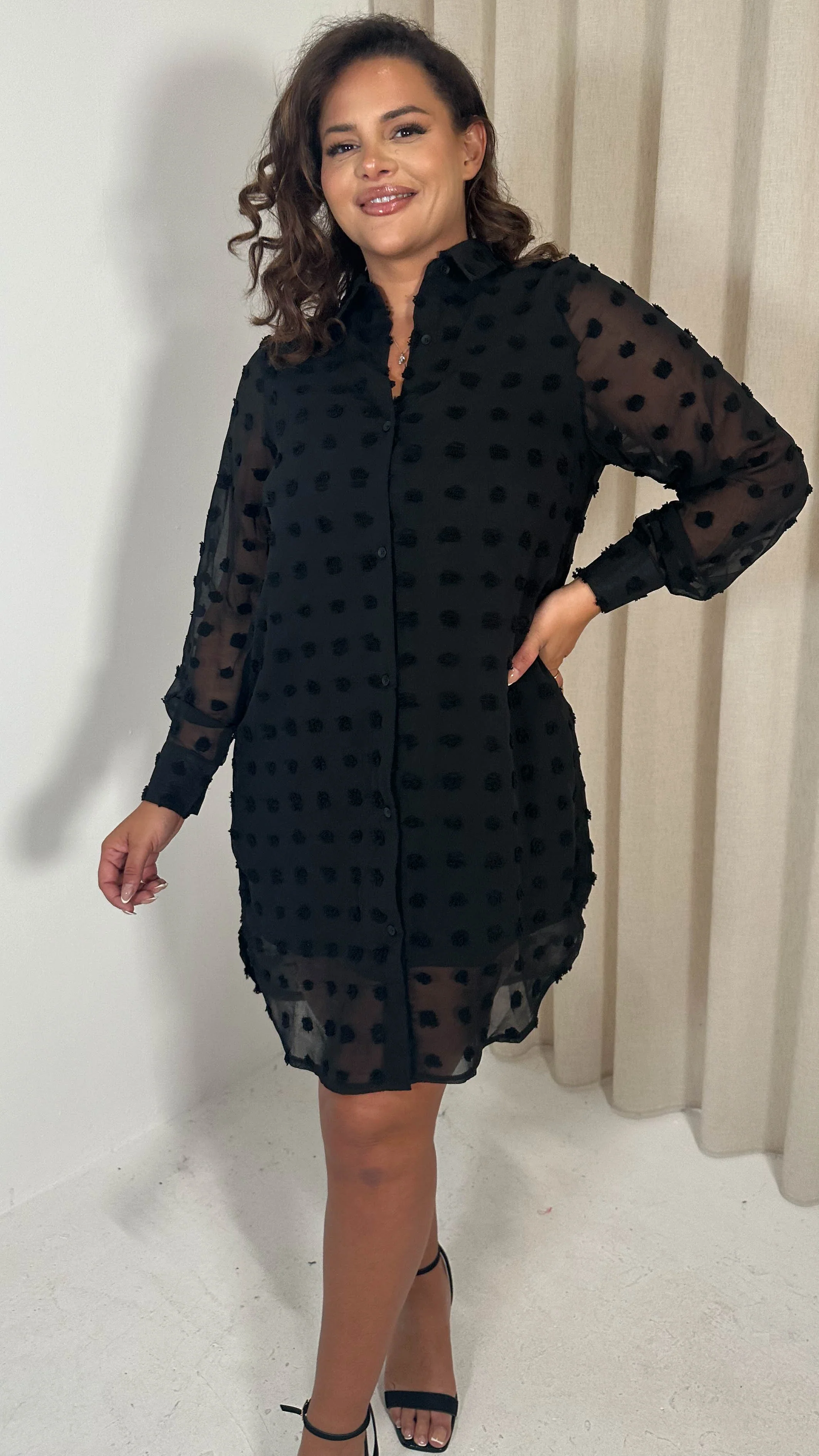 CurveWow Embossed Dot Shirt Dress Black - Insurauncei