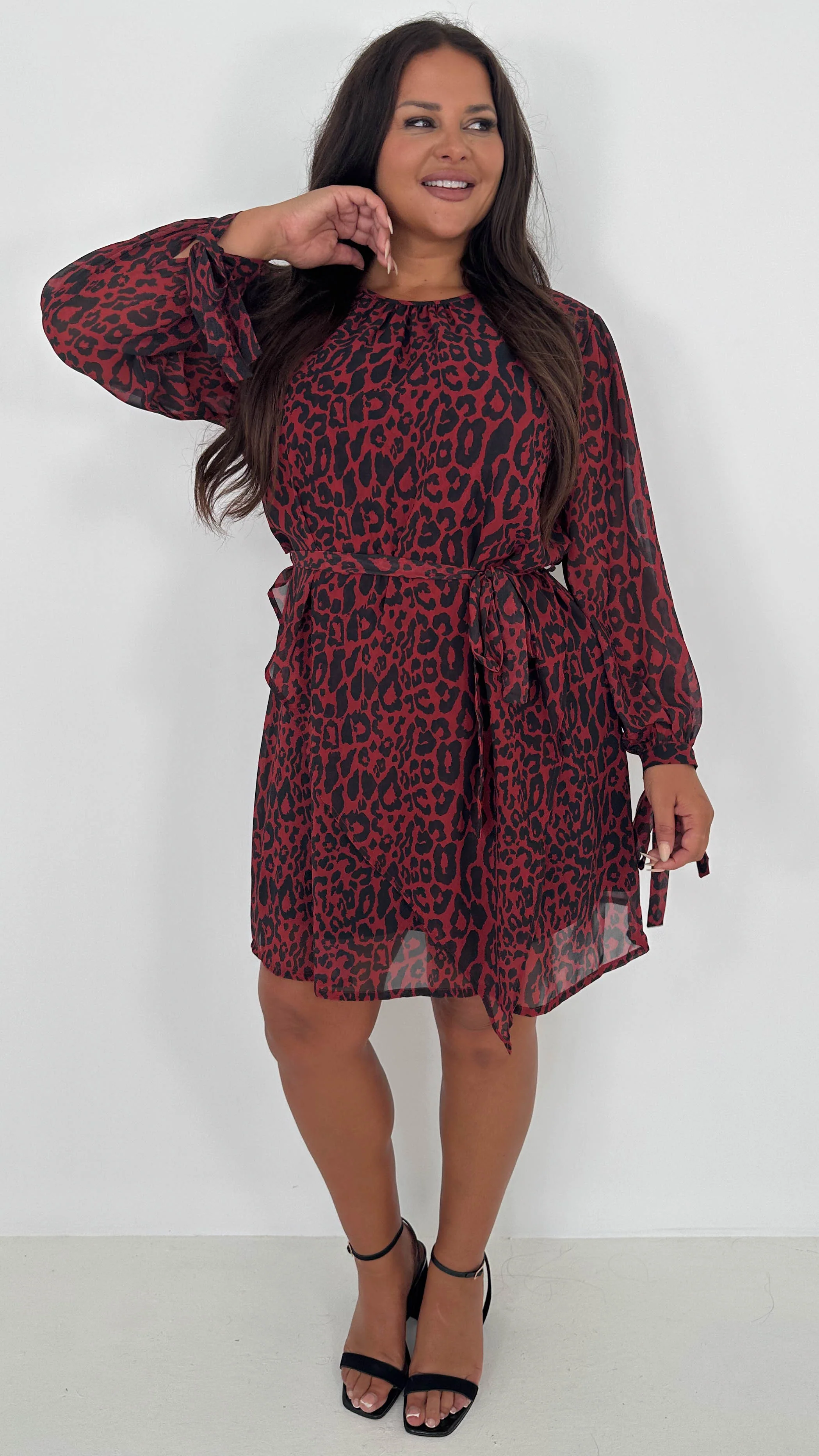 CurveWow Smock Wrap Mini Dress Red Animal - Insurauncei