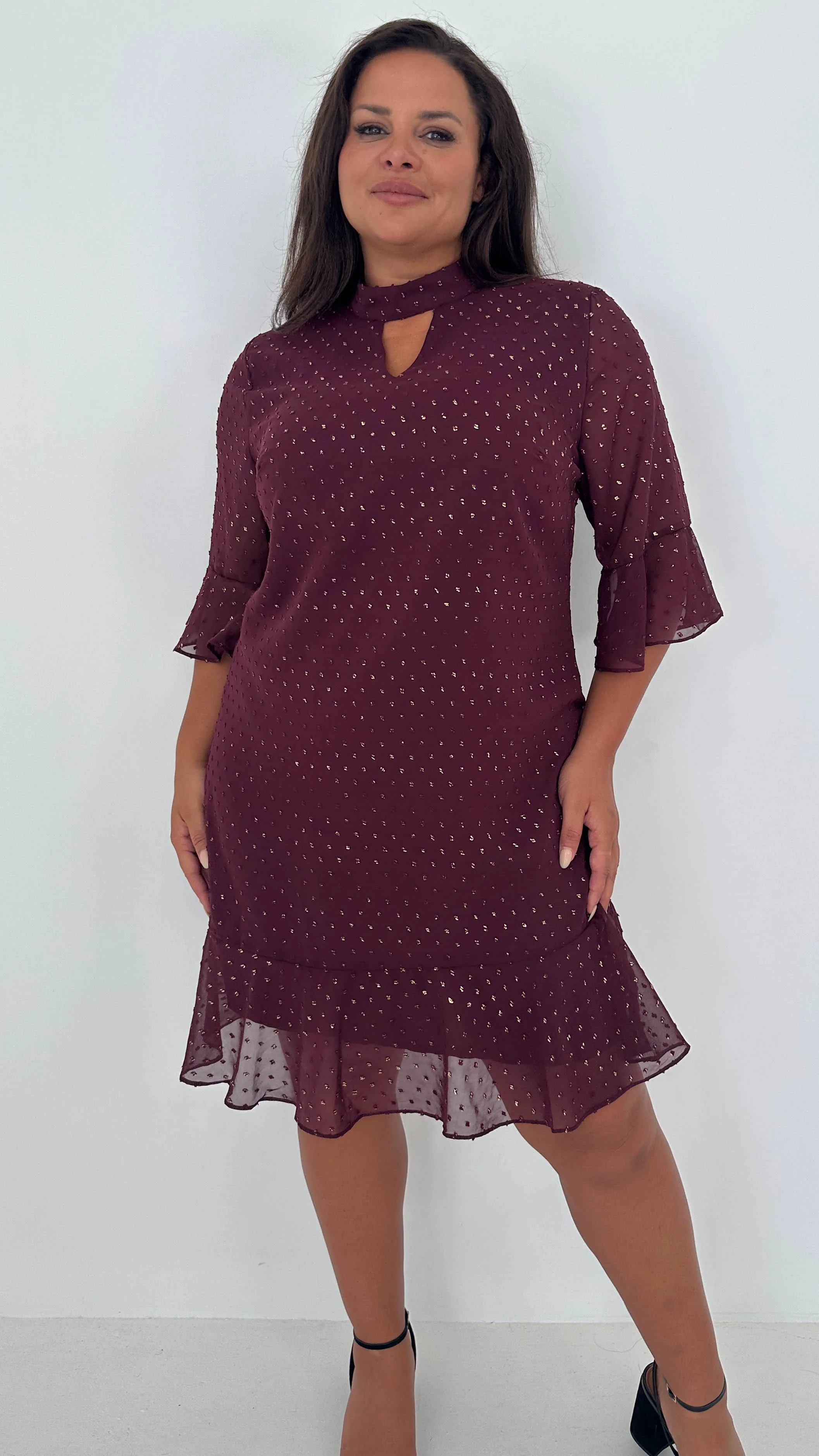 CurveWow Gold Spot Keyhole Shift Dress Plum - Insurauncei
