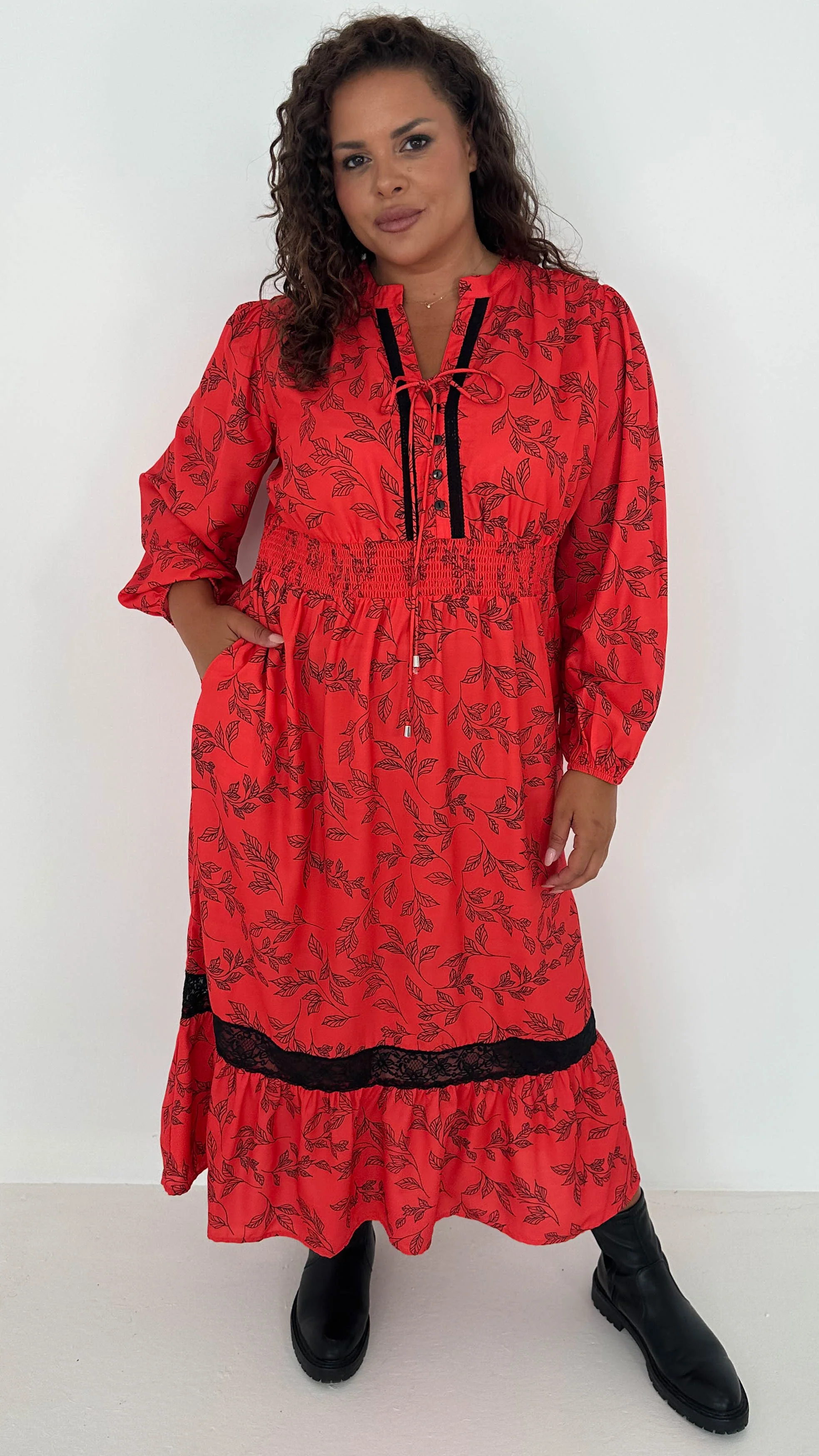 CurveWow Lace Insert Printed Midi Dress Red Leaf - Insurauncei