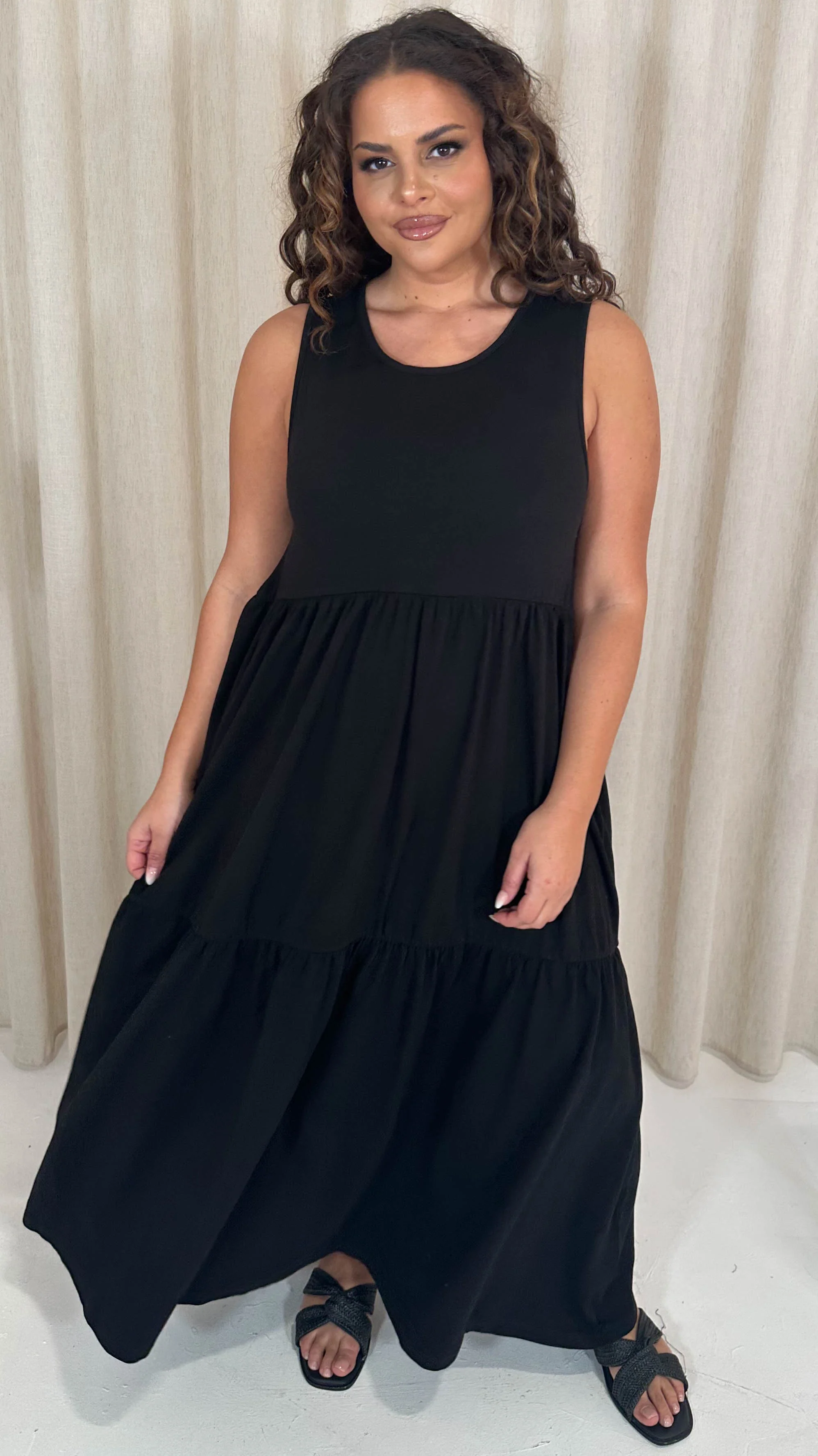 CurveWow Basic Maxi Tiered Dress Black - Insurauncei