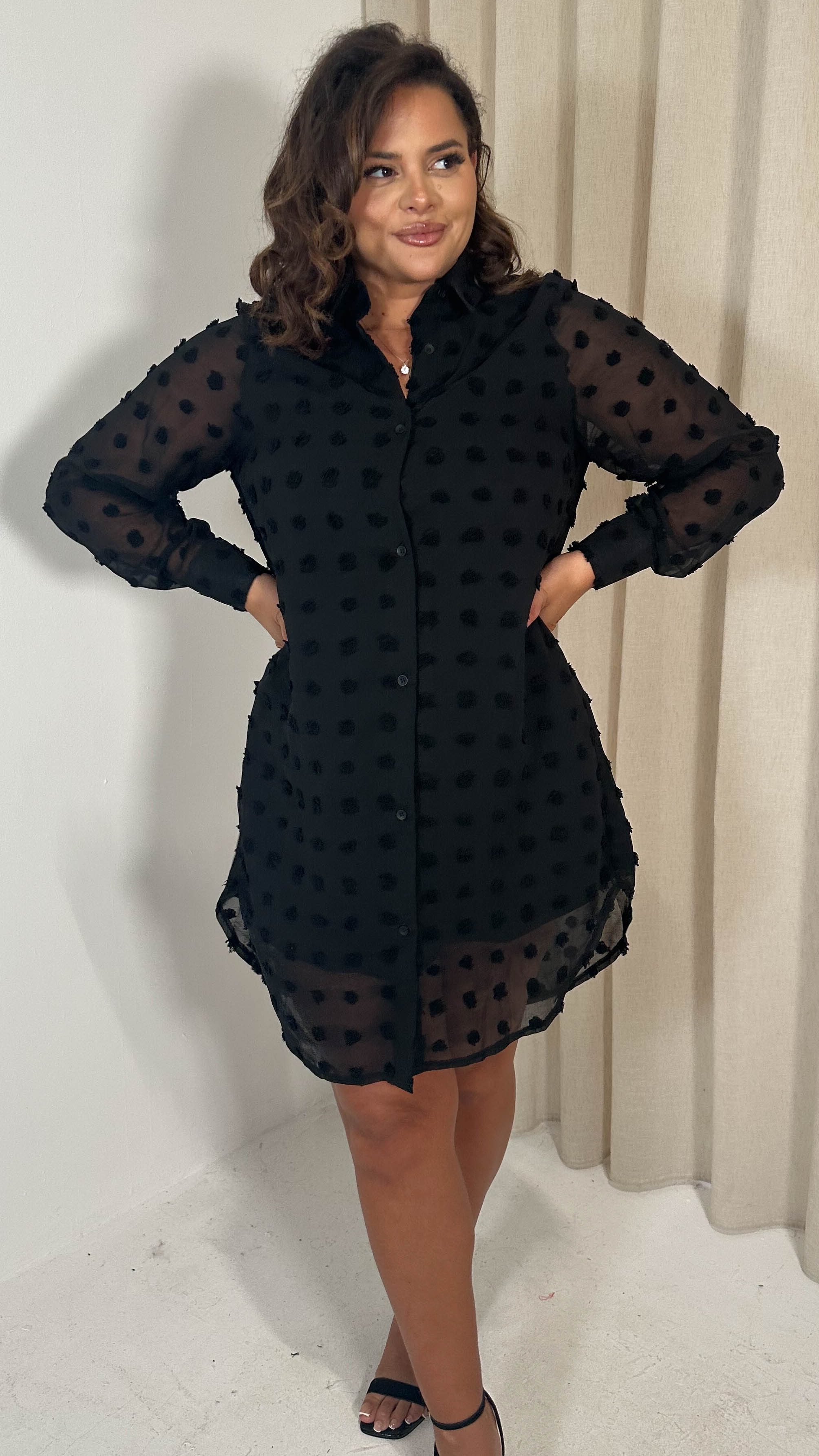 CurveWow Embossed Dot Shirt Dress Black - Insurauncei
