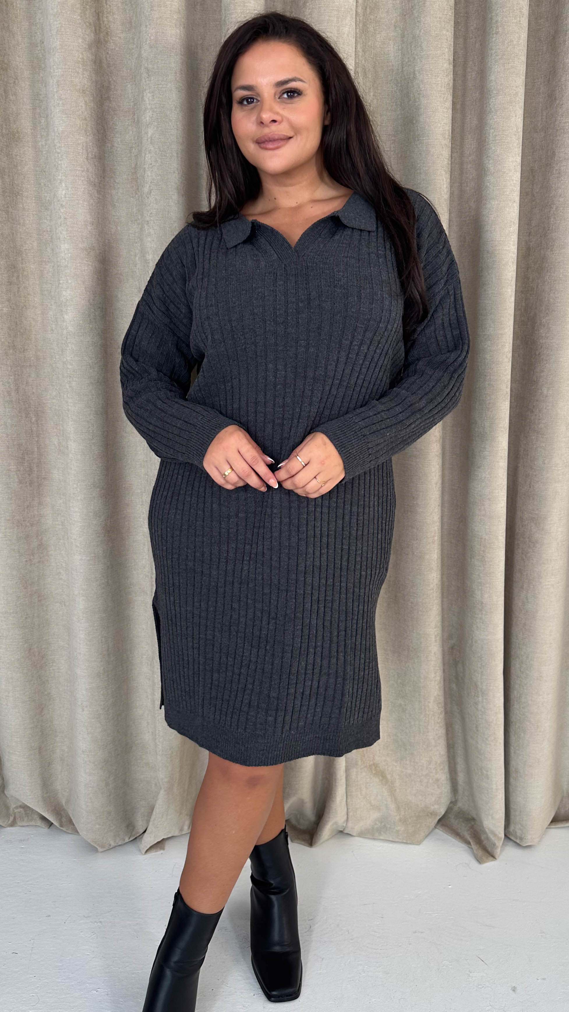 CurveWow Collar Rib Knitted Jumper Dress Charcoal - Insurauncei