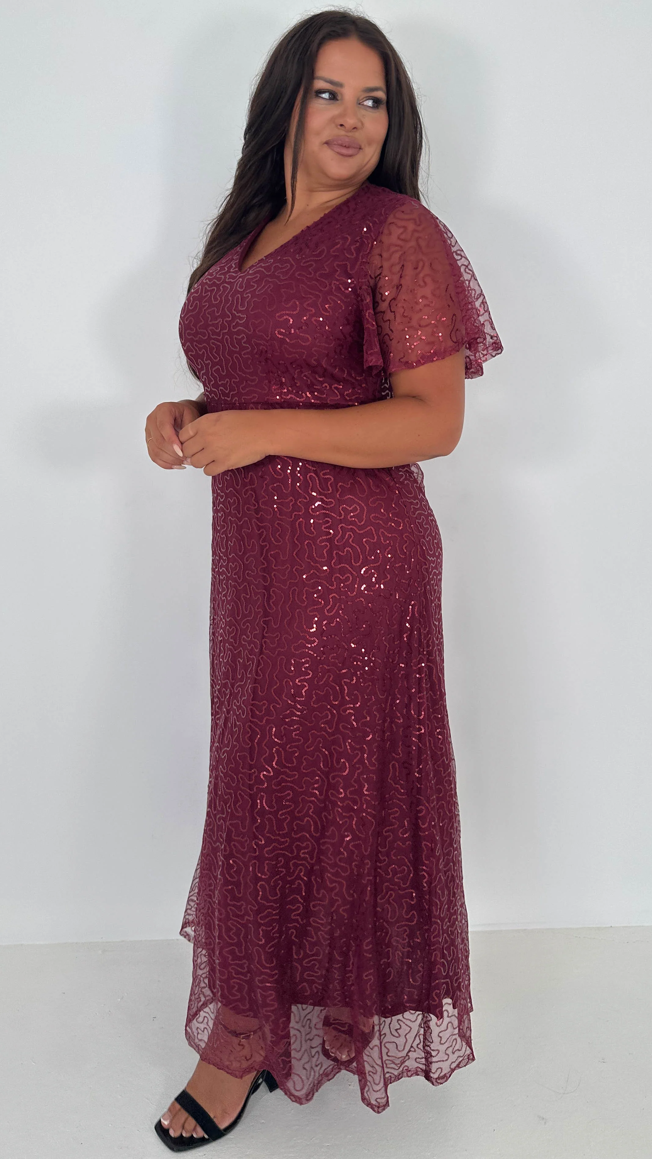 CurveWow Sequin Maxi Dress Wine - Insurauncei
