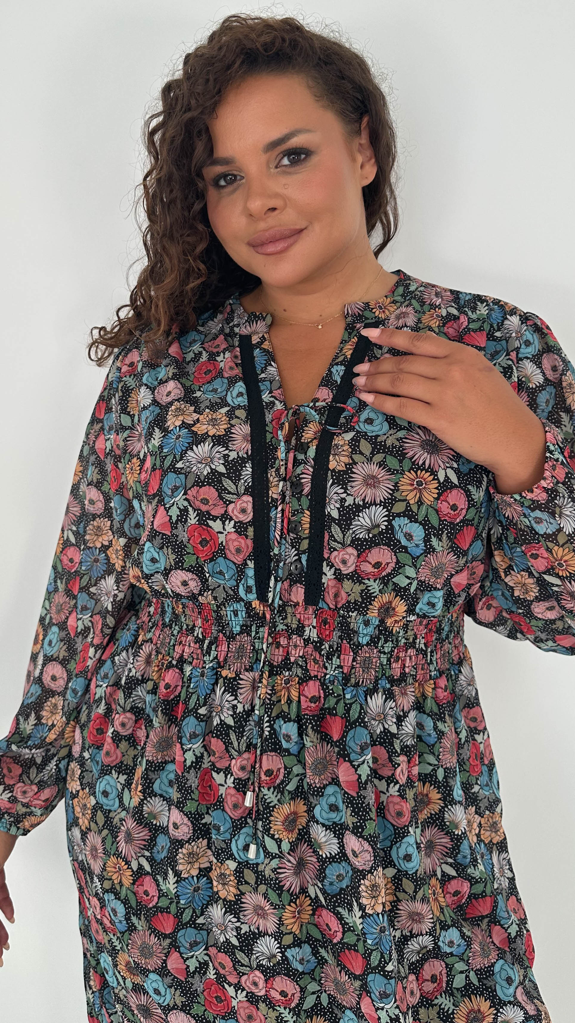 CurveWow Lace Insert Printed Midi Dress Multi Floral - Insurauncei