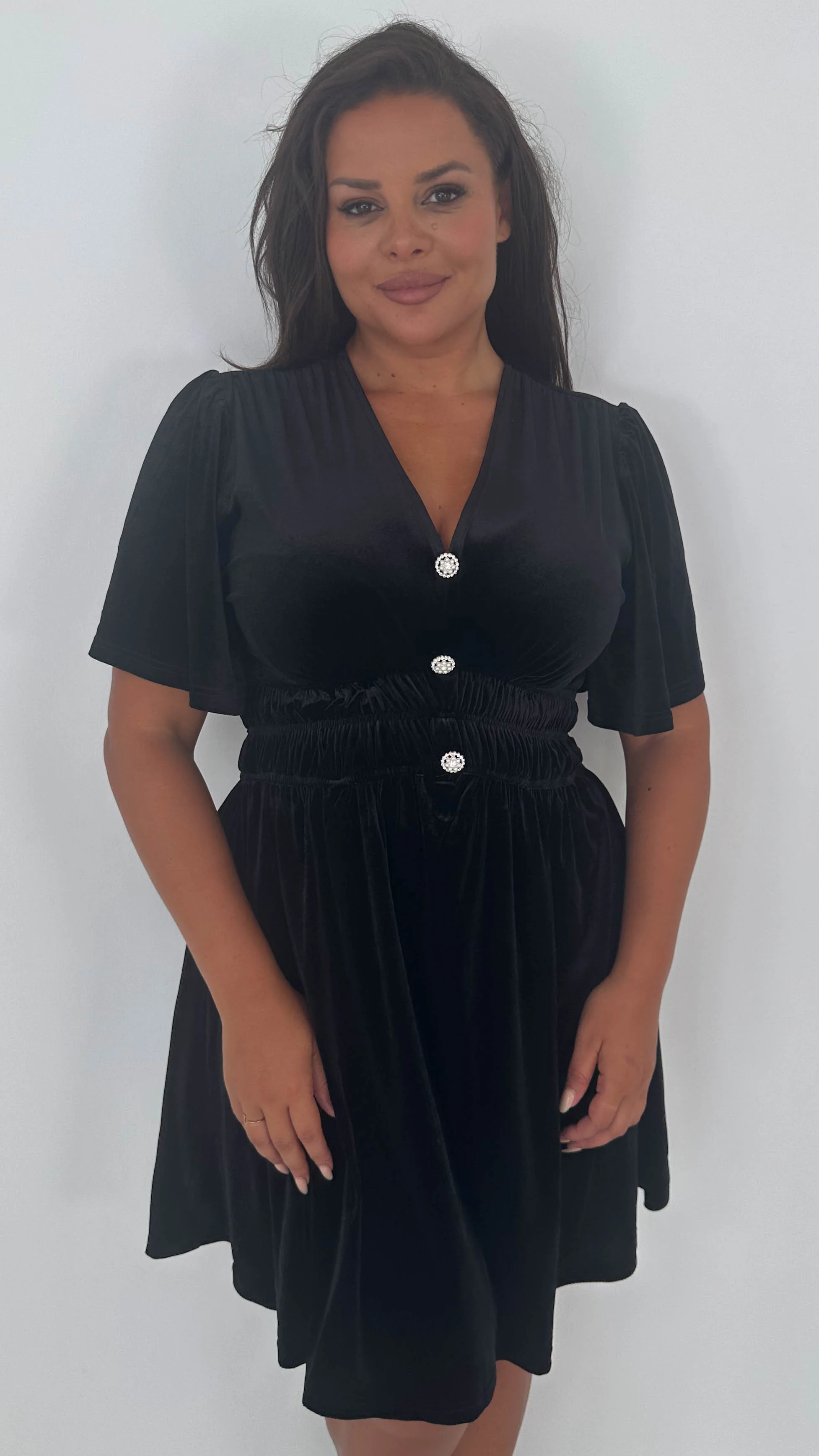CurveWow Velvet Diamante Button Front Mini Dress Black - Insurauncei