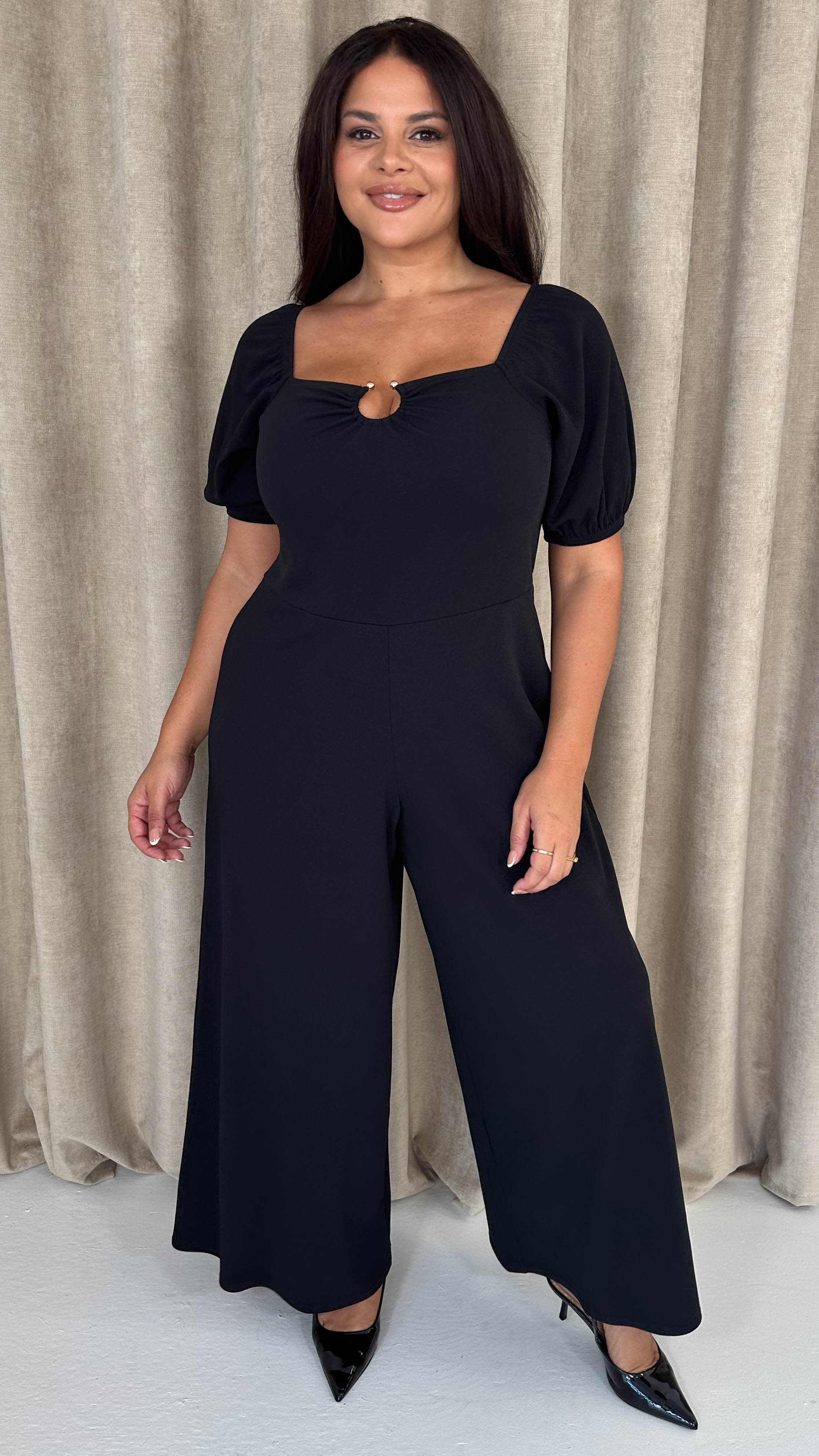 CurveWow O-Ring Milkmaid Wideleg Jumpsuit Black - Insurauncei