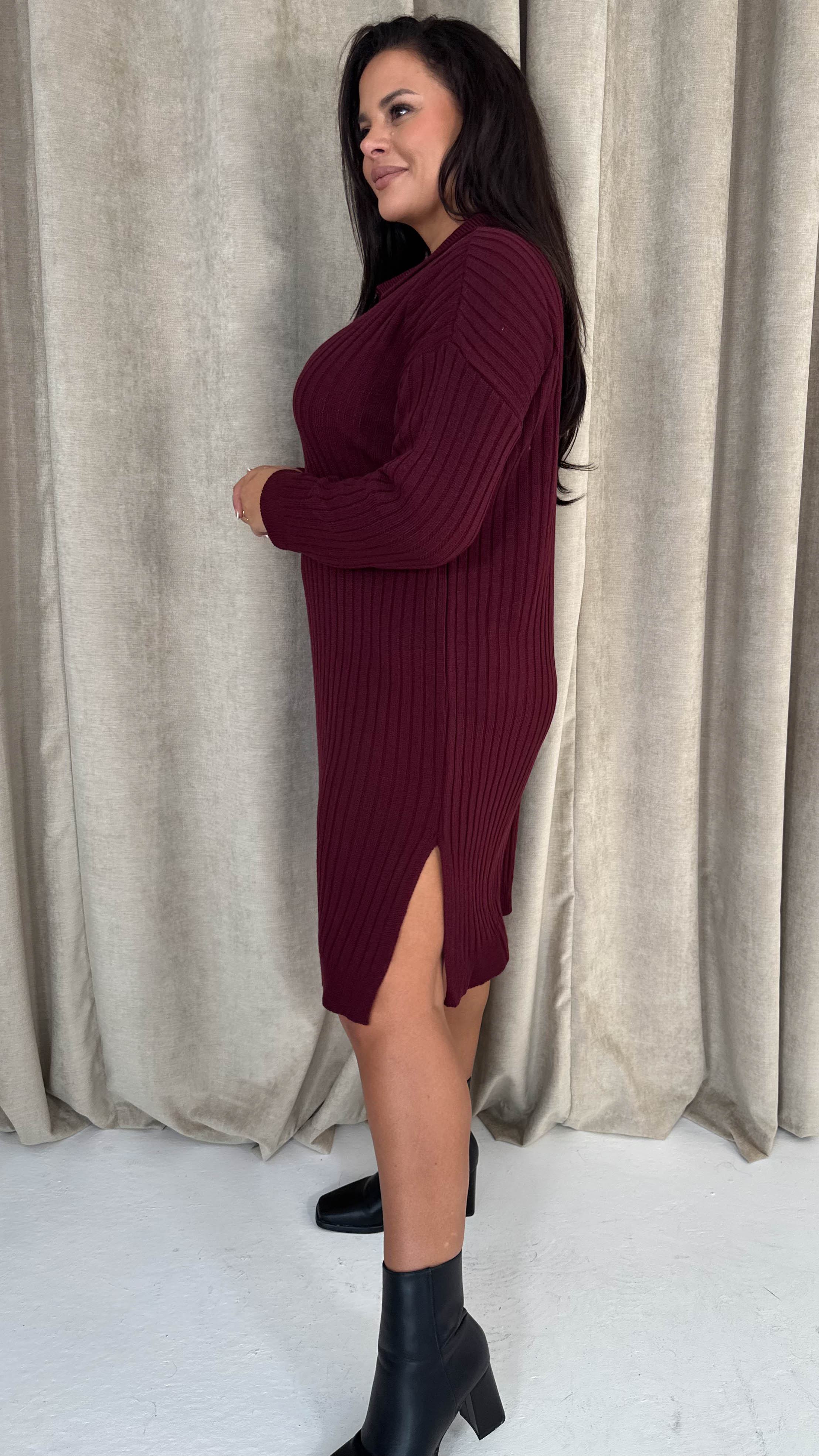 CurveWow Collar Rib Knitted Jumper Dress Wine - Insurauncei