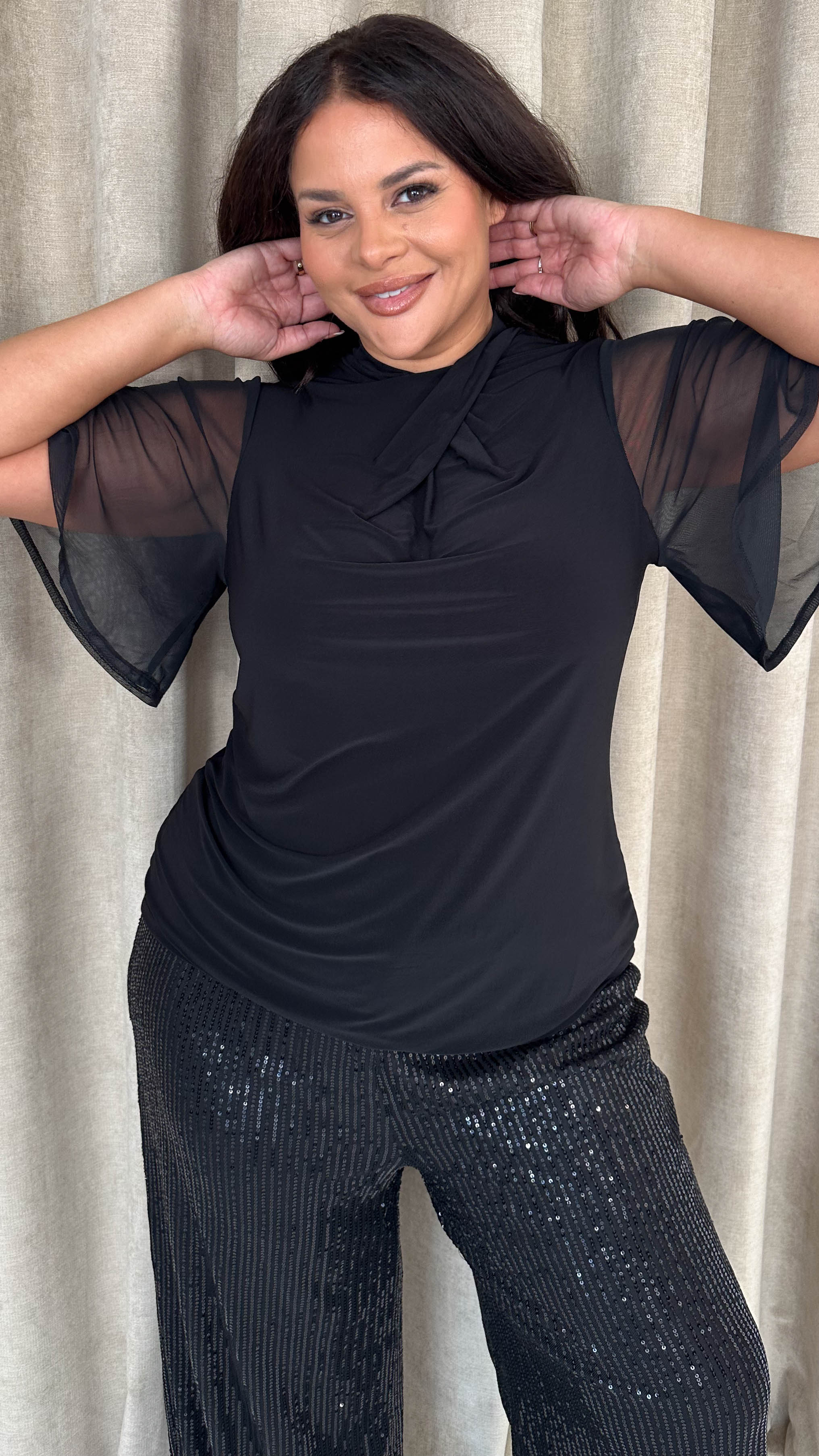 CurveWow Mesh Angel Sleeve Twist Neck Top Black - Insurauncei