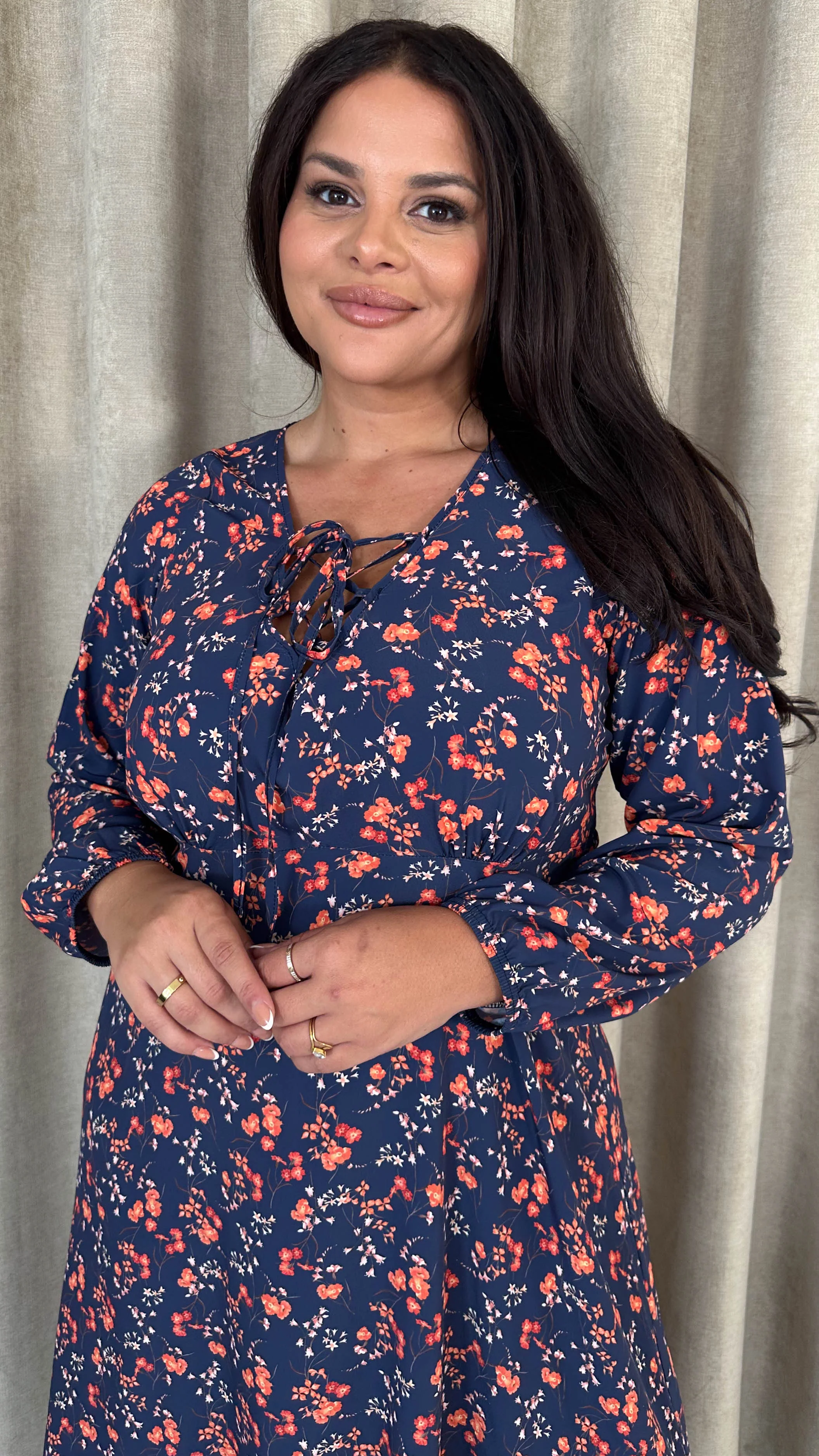 CurveWow Lace Front Frill Hem Midi Dress Navy Floral - Insurauncei