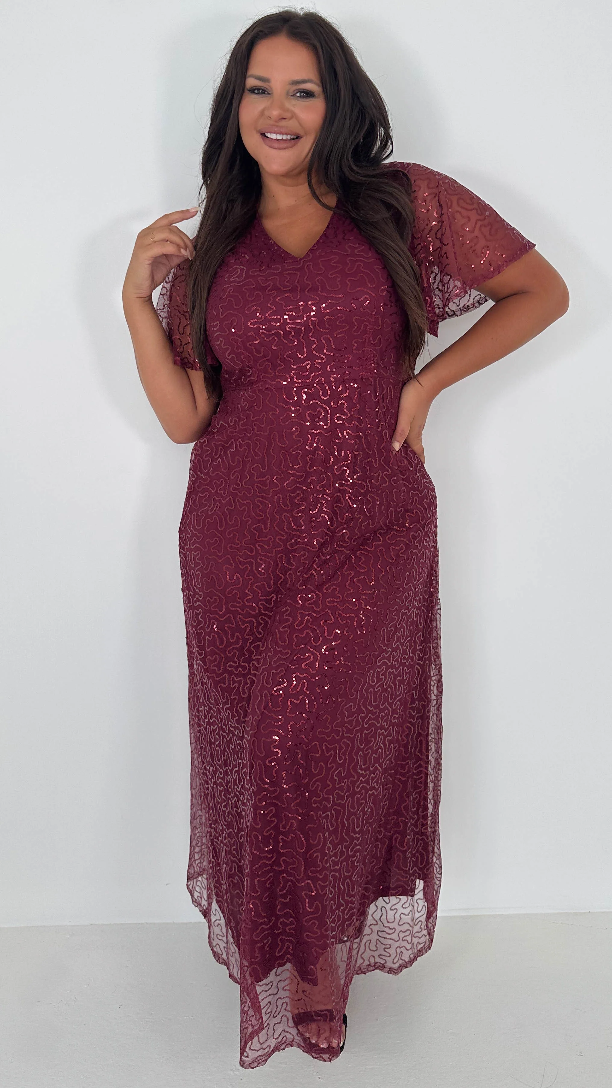 CurveWow Sequin Maxi Dress Wine - Insurauncei