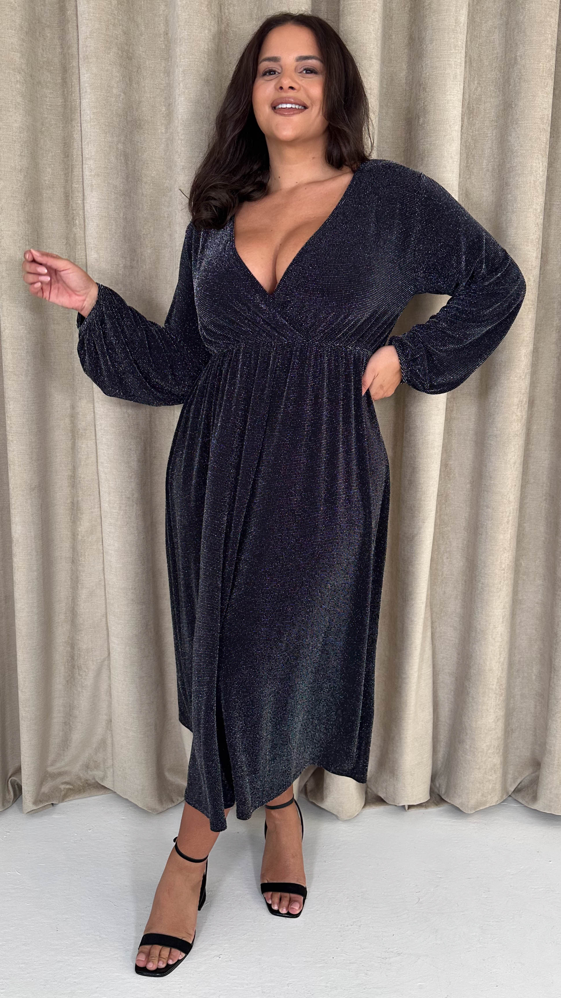 CurveWow Wrap Balloon Sleeve Midaxi Dress Black Silver - Insurauncei