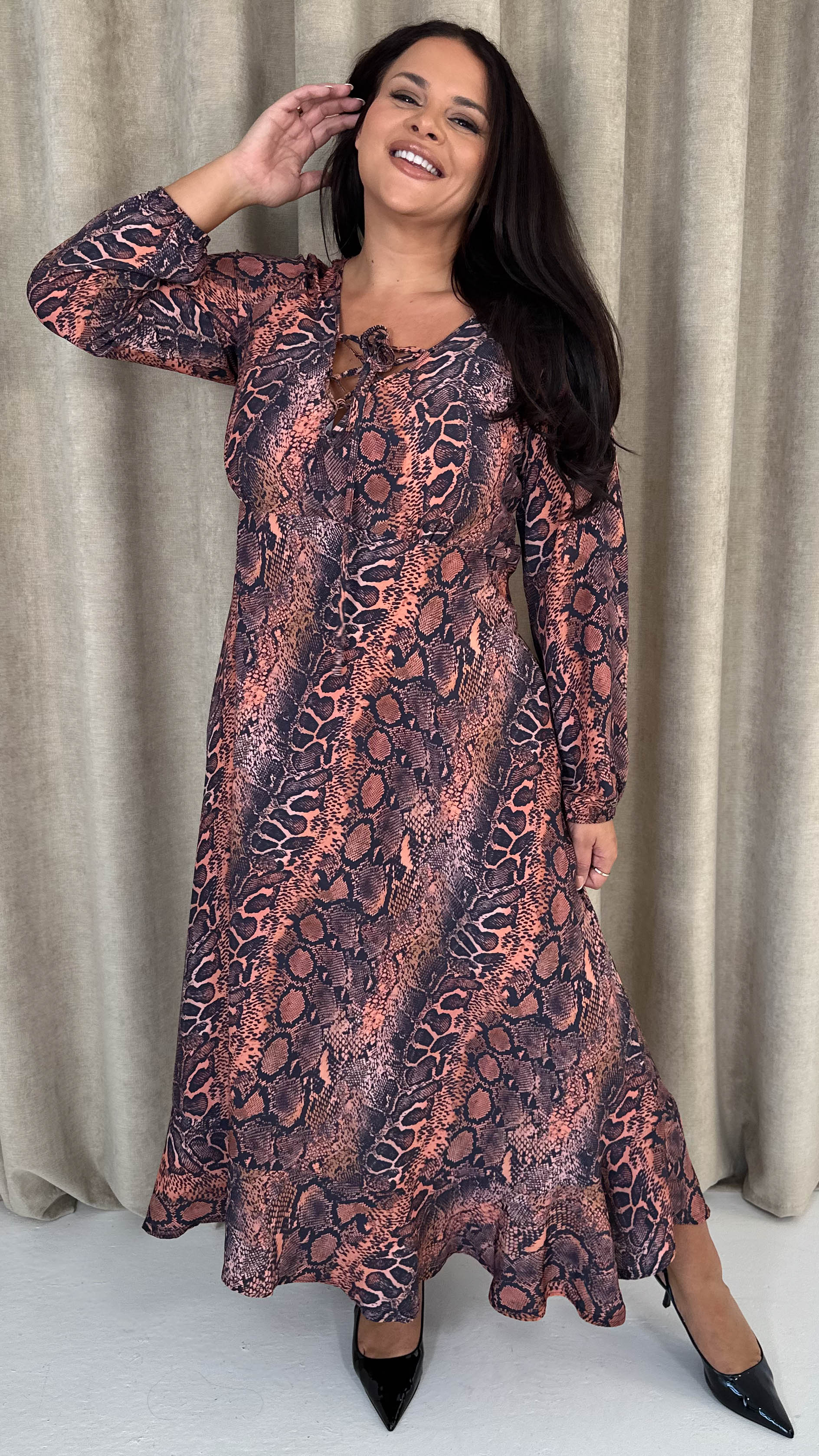 CurveWow Lace Front Frill Hem Midi Dress Snake - Insurauncei