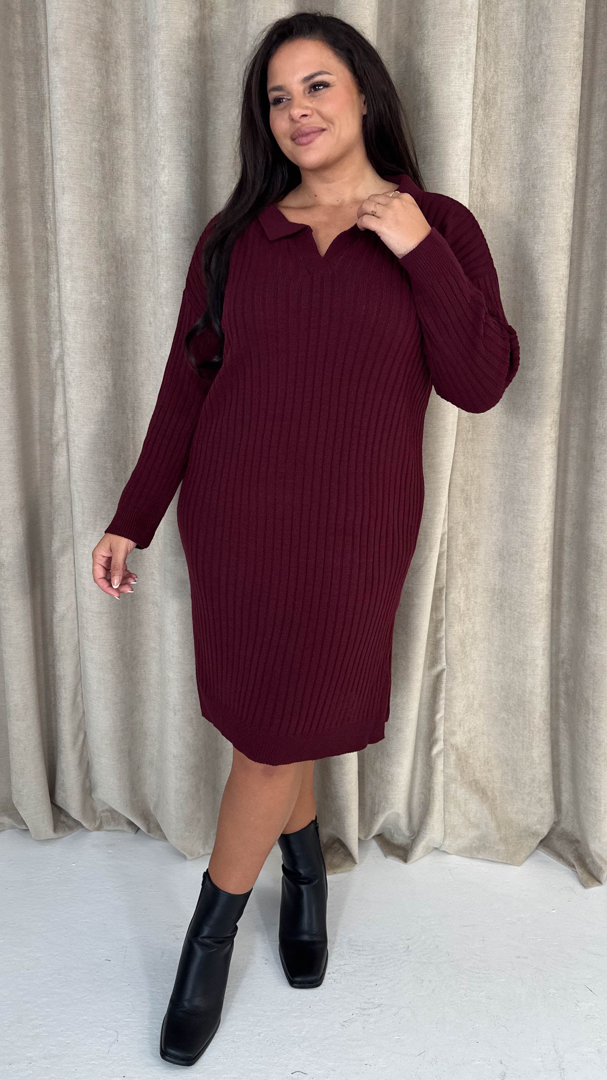 CurveWow Collar Rib Knitted Jumper Dress Wine - Insurauncei
