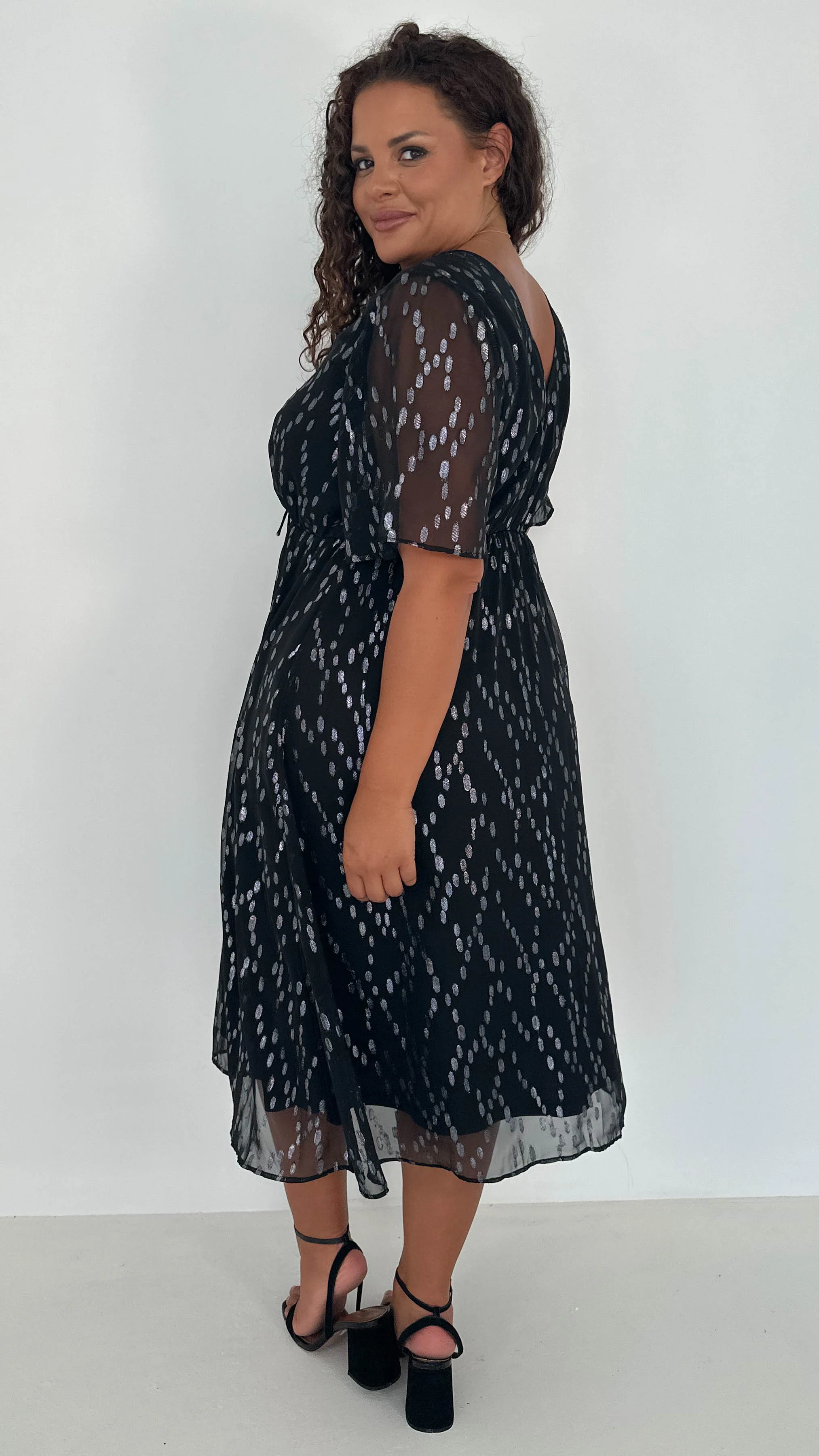 CurveWow Foil Tie Front Midi Dress Black Silver - Insurauncei