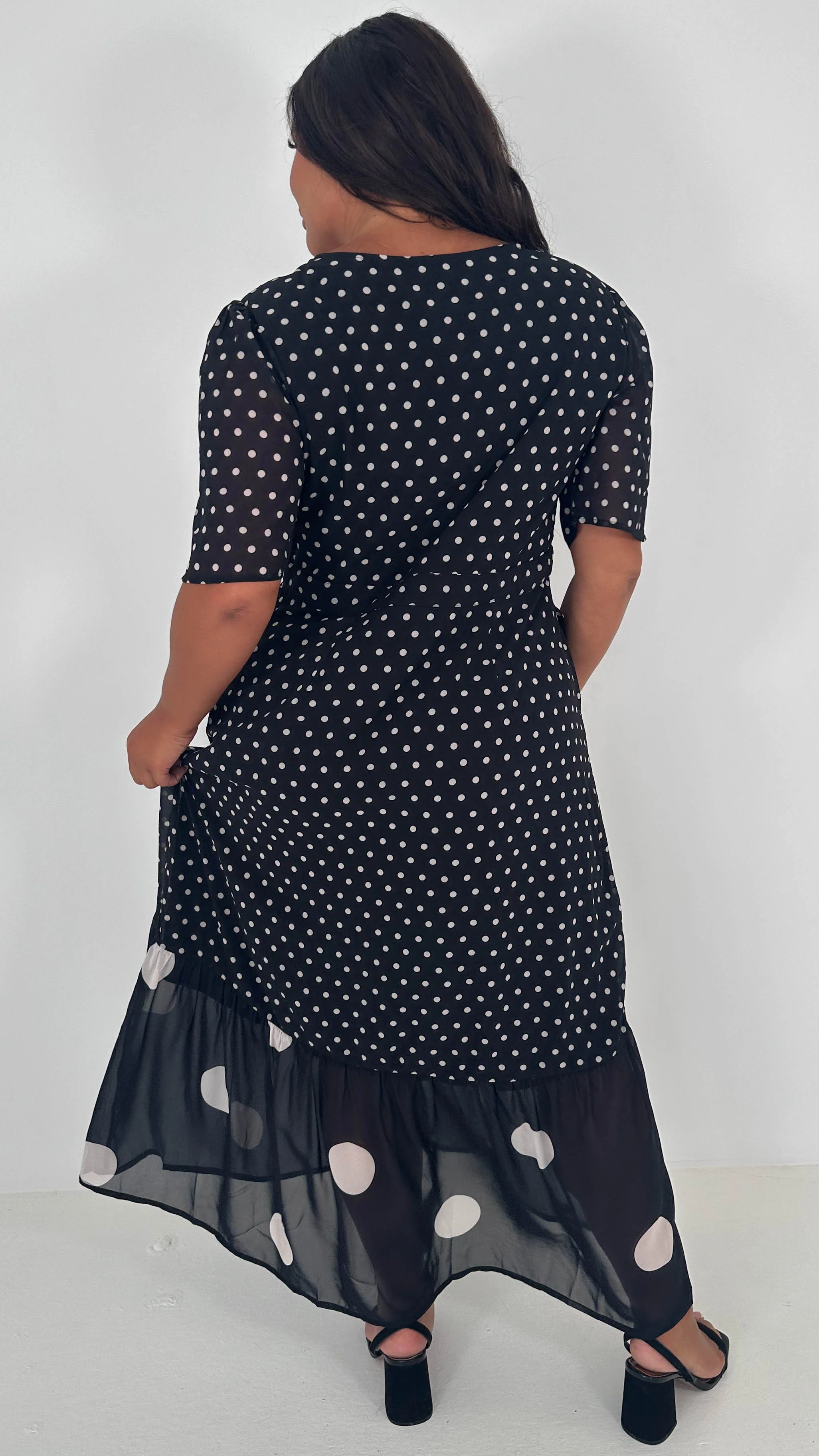 CurveWow Double Spot Frill Hem Maxi Dress Black - Insurauncei