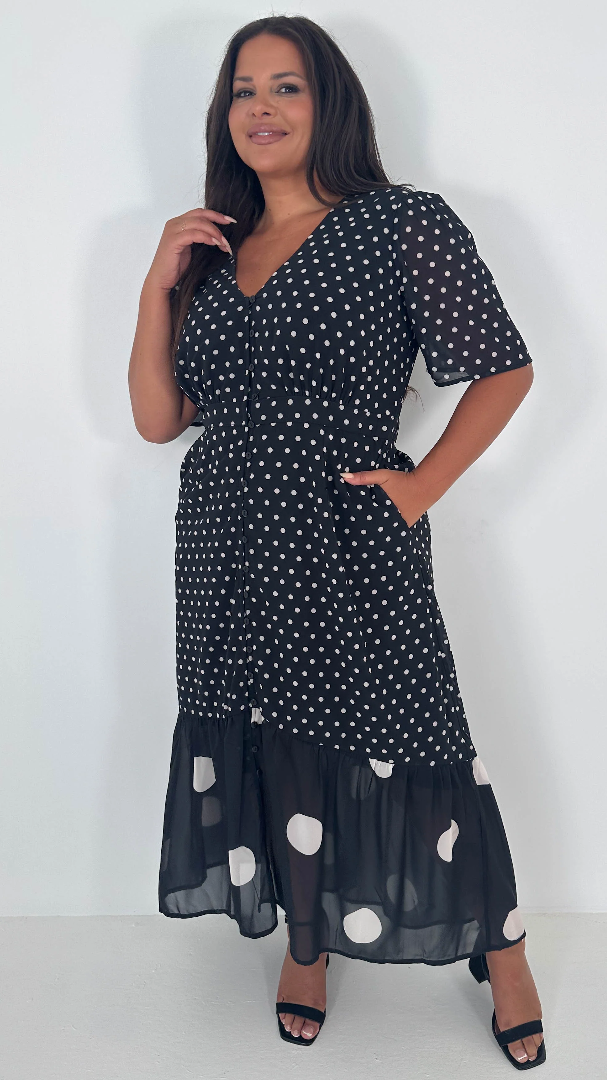 CurveWow Double Spot Frill Hem Maxi Dress Black - Insurauncei
