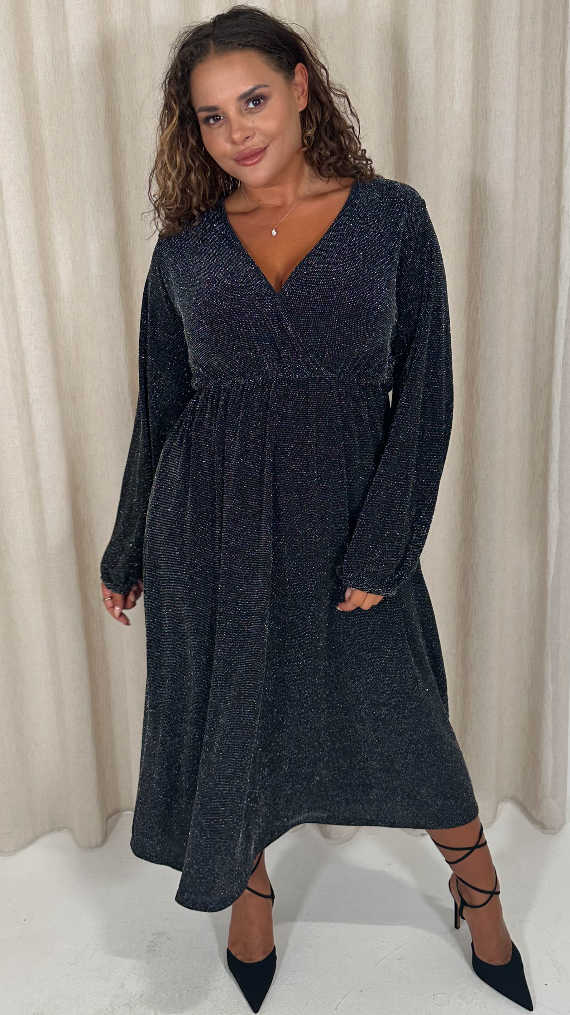 CurveWow Wrap Balloon Sleeve Midaxi Dress Black Silver - Insurauncei