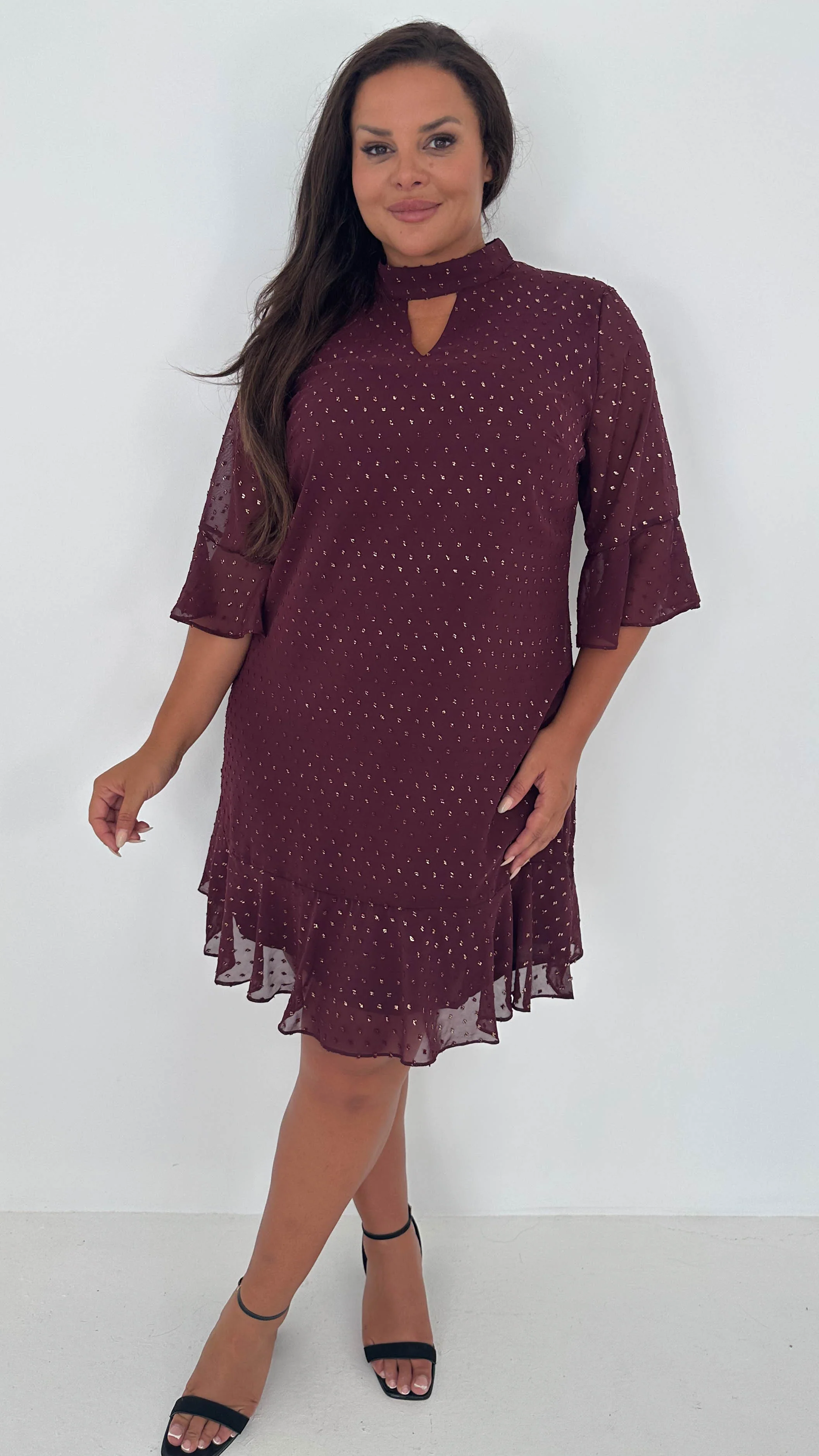 CurveWow Gold Spot Keyhole Shift Dress Plum - Insurauncei