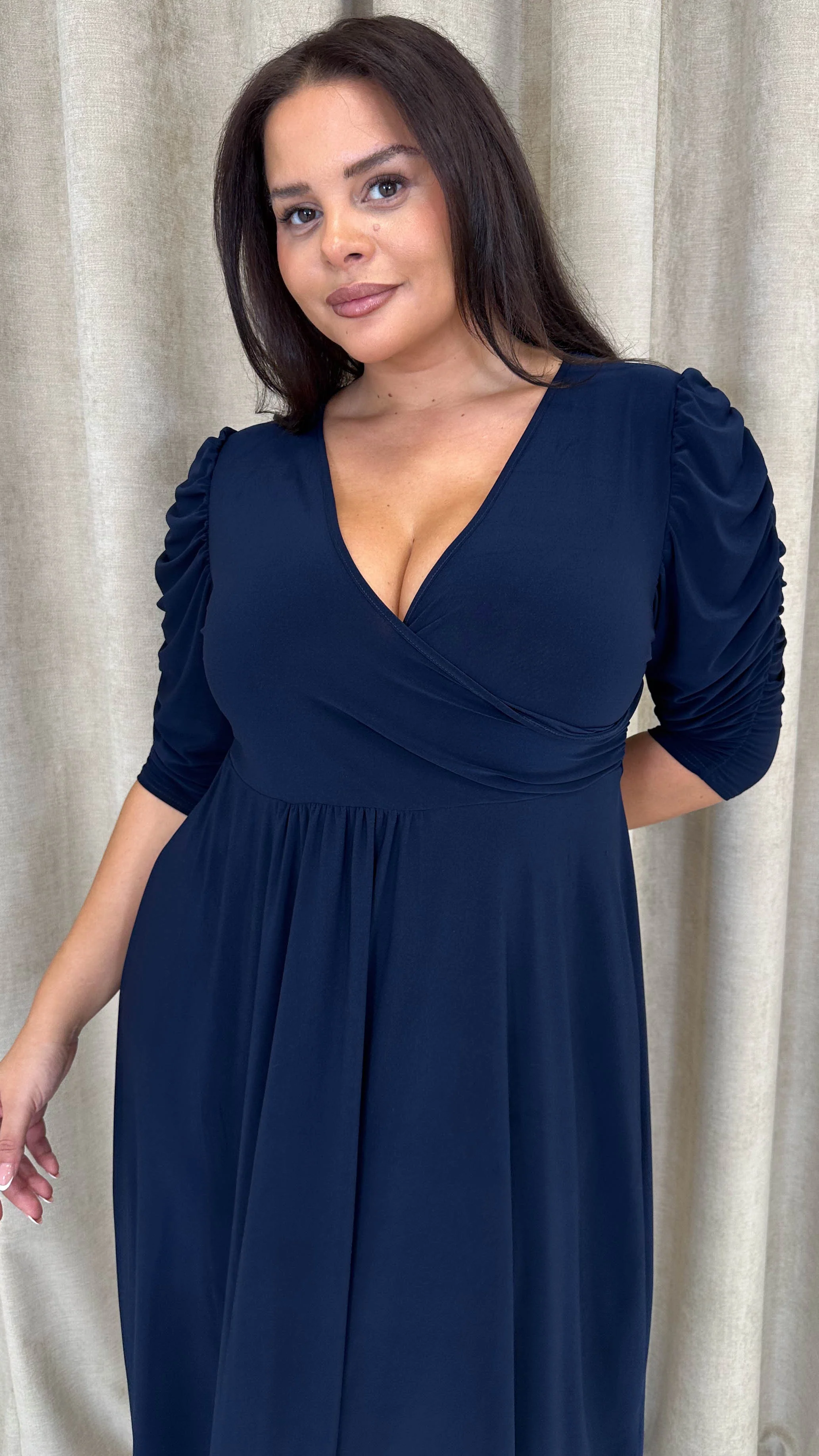 CurveWow 3/4 Balloon Sleeve Wrap Midi Dress Navy - Insurauncei