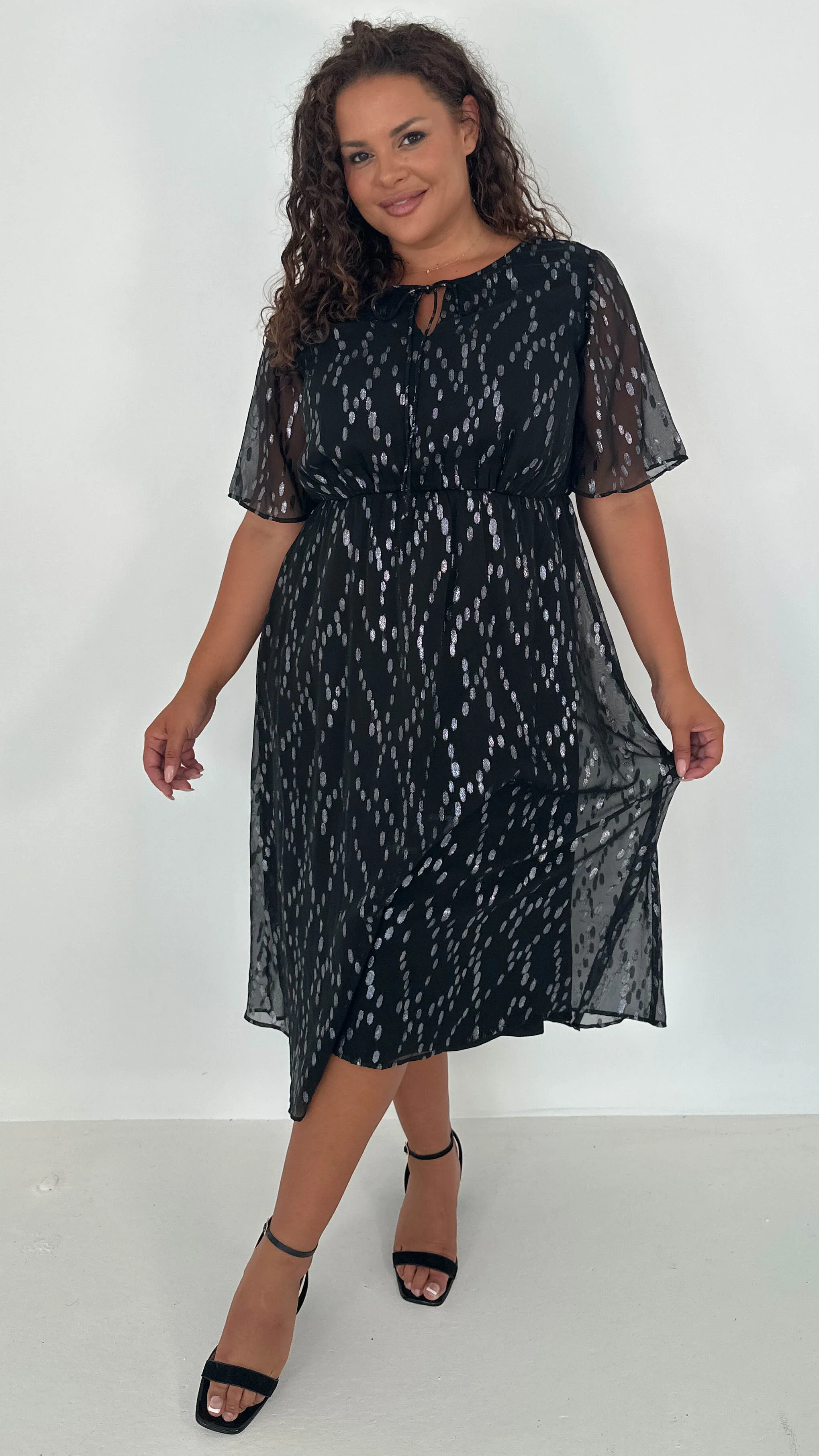 CurveWow Foil Tie Front Midi Dress Black Silver - Insurauncei