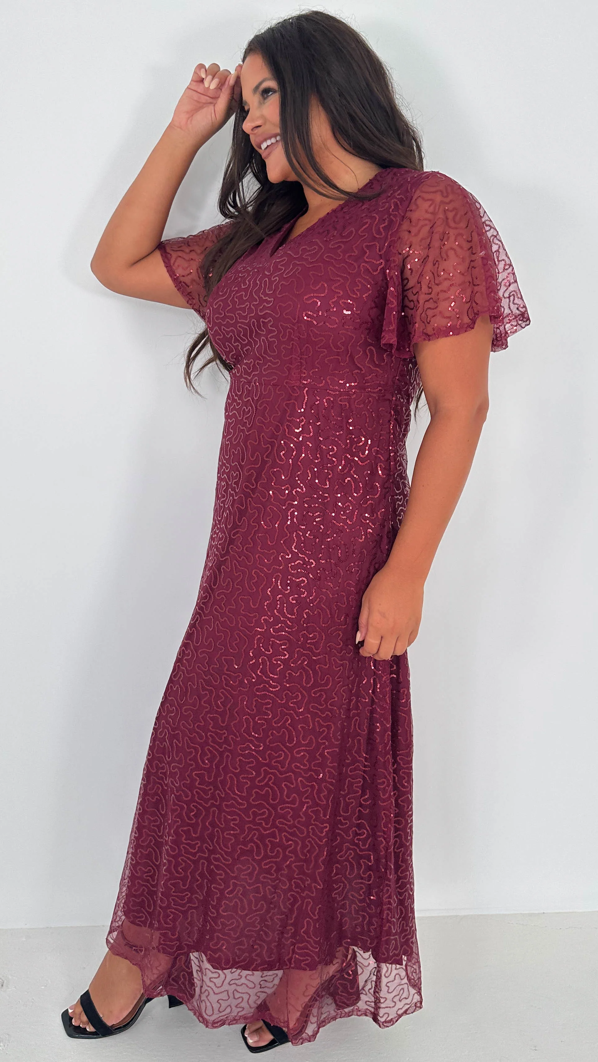 CurveWow Sequin Maxi Dress Wine - Insurauncei