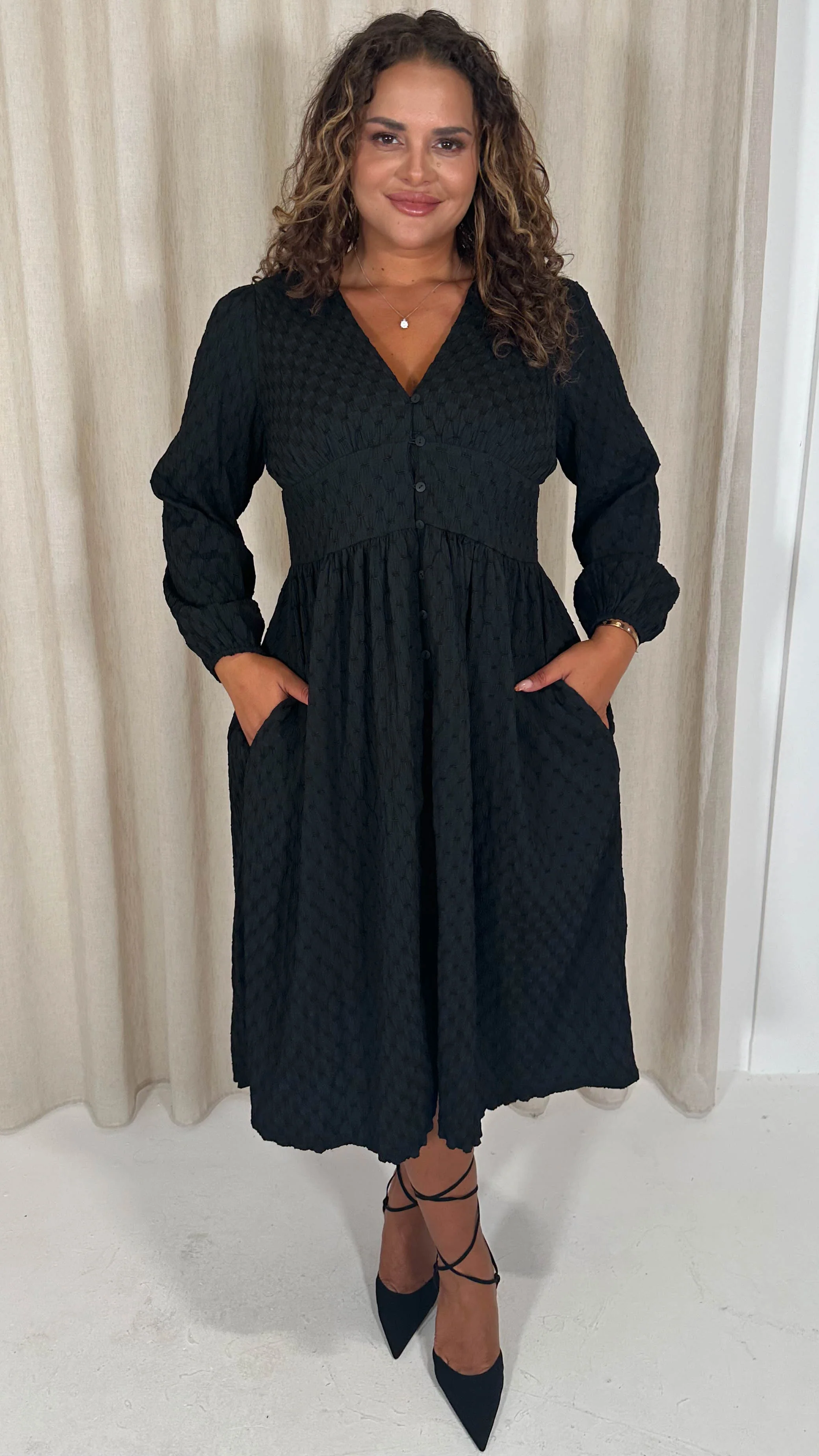 CurveWow Dobby Textured Button Front Midi Dress Black - Insurauncei