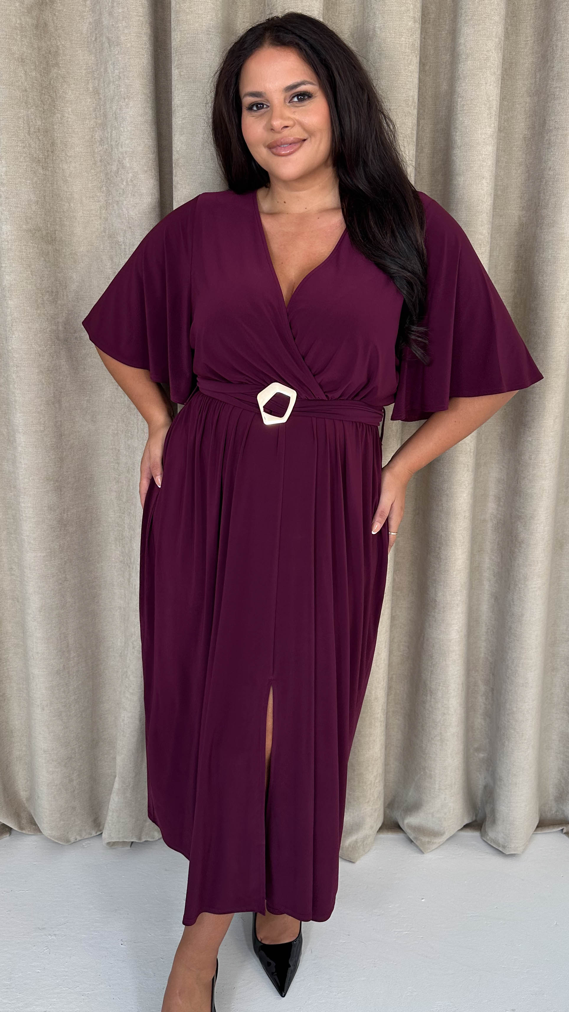 CurveWow Irregular Buckle Split Front Wrap Dress Plum - Insurauncei