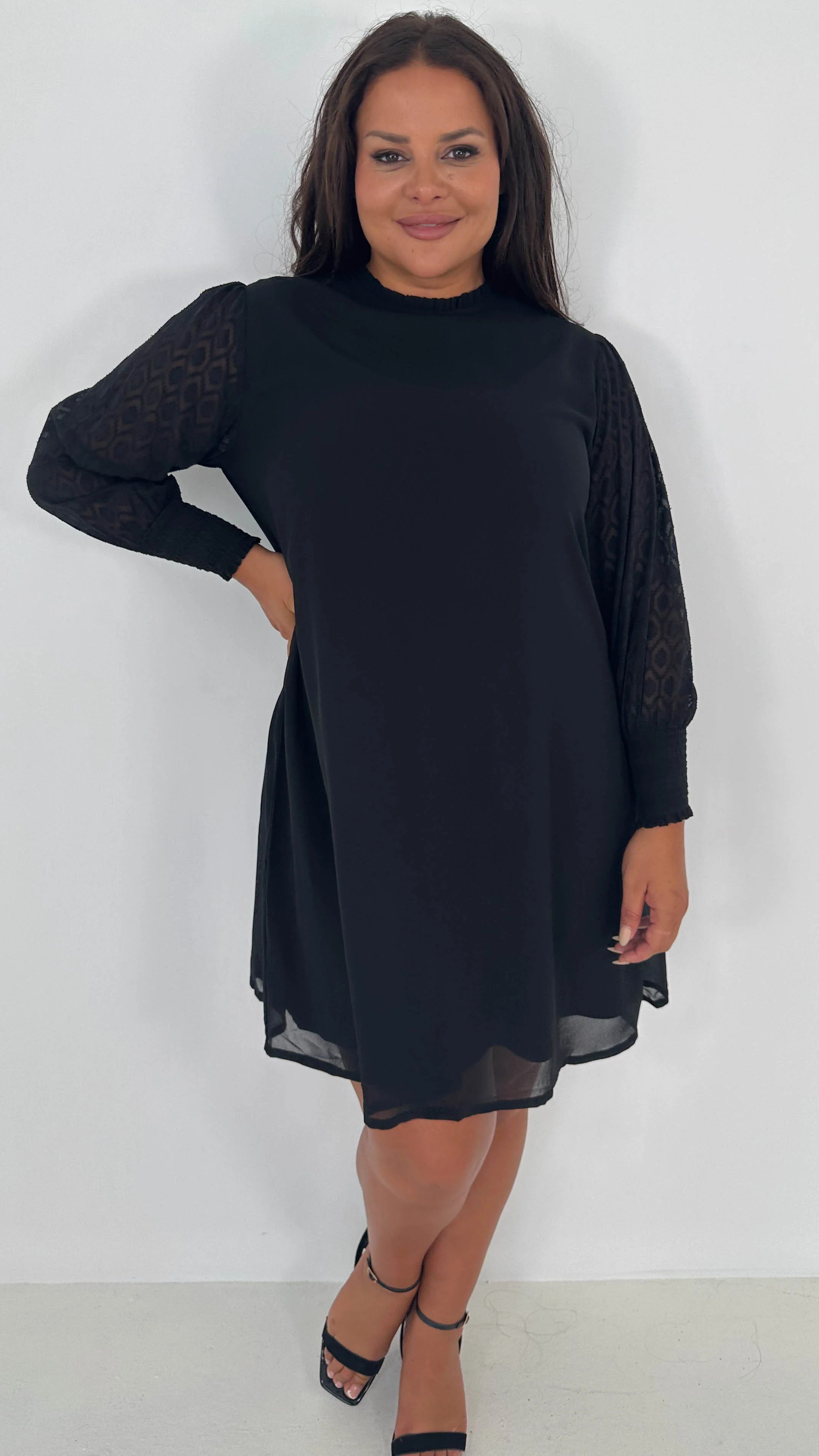 CurveWow Black Sheer Sleeve Shift Dress - Insurauncei