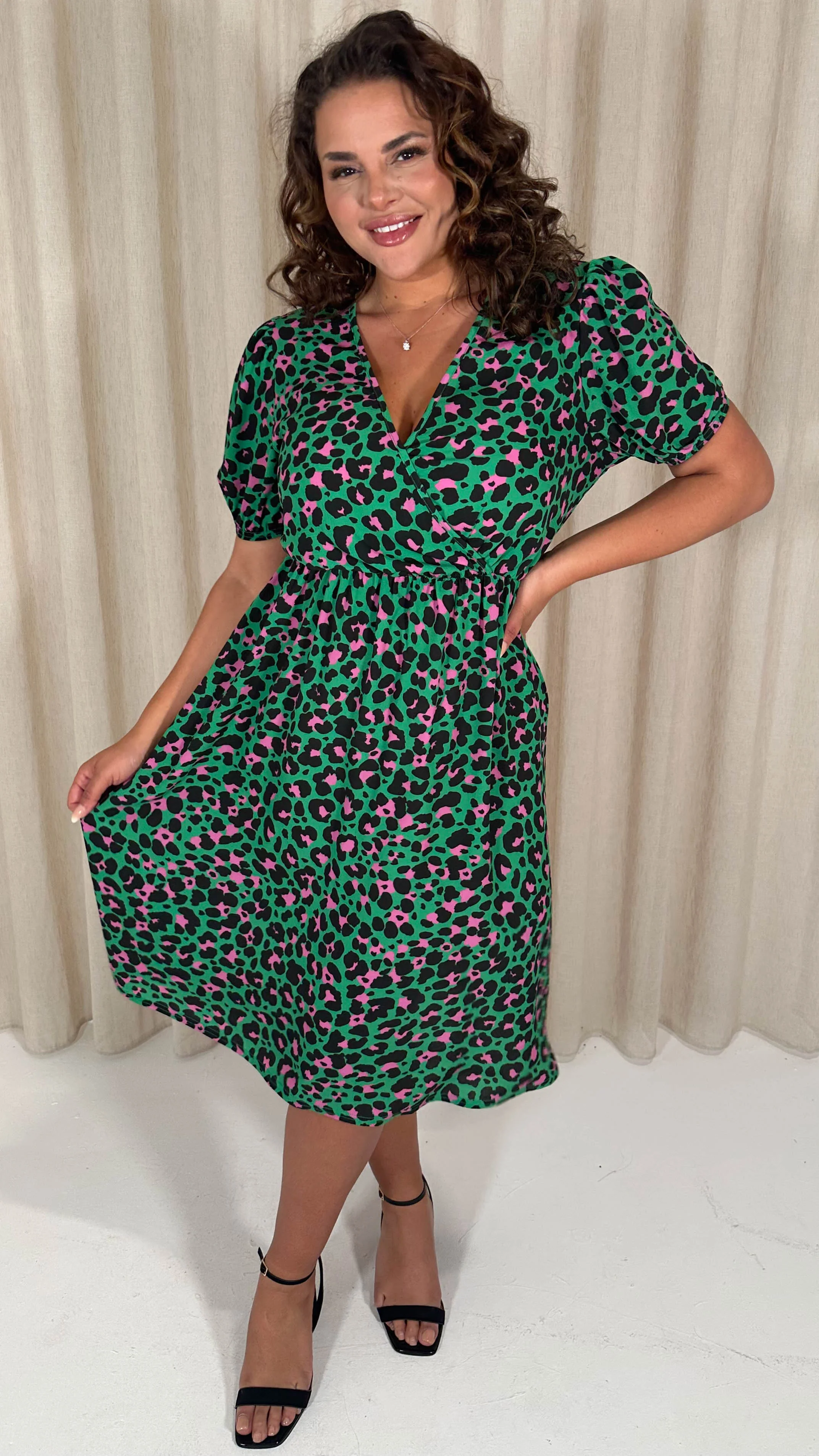 CurveWow Puff Sleeve Wrap Midi Dress Green Animal - Insurauncei