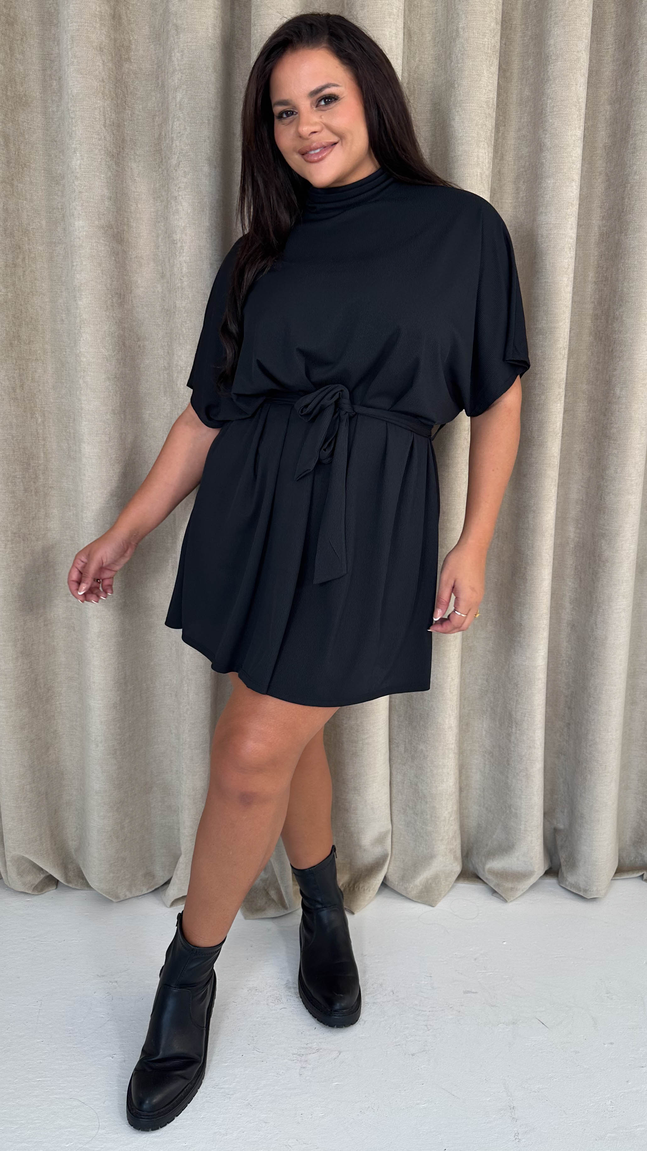 CurveWow High Neck Tie Waist Mini Dress Black - Insurauncei