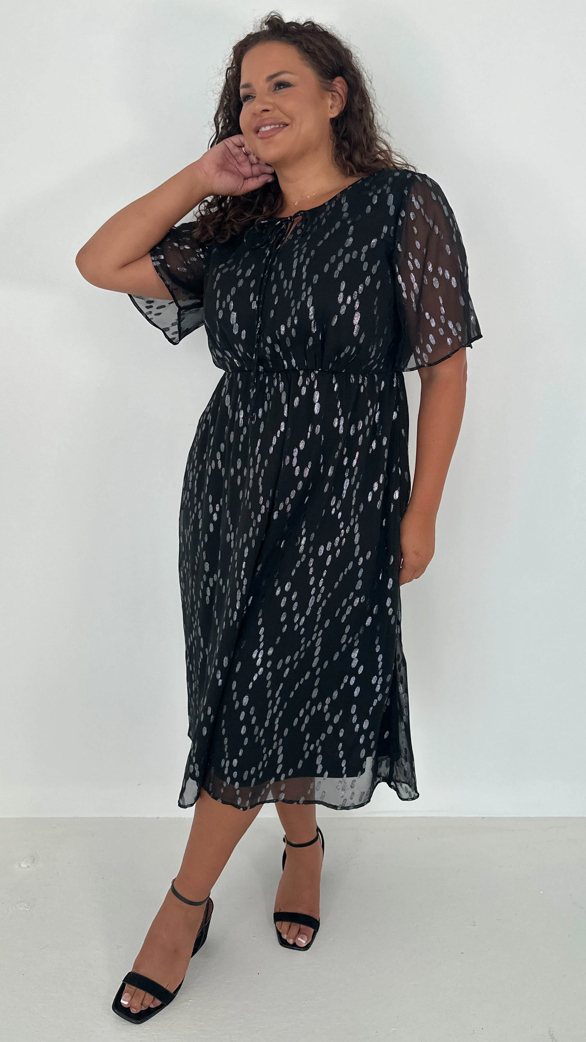CurveWow Foil Tie Front Midi Dress Black Silver - Insurauncei