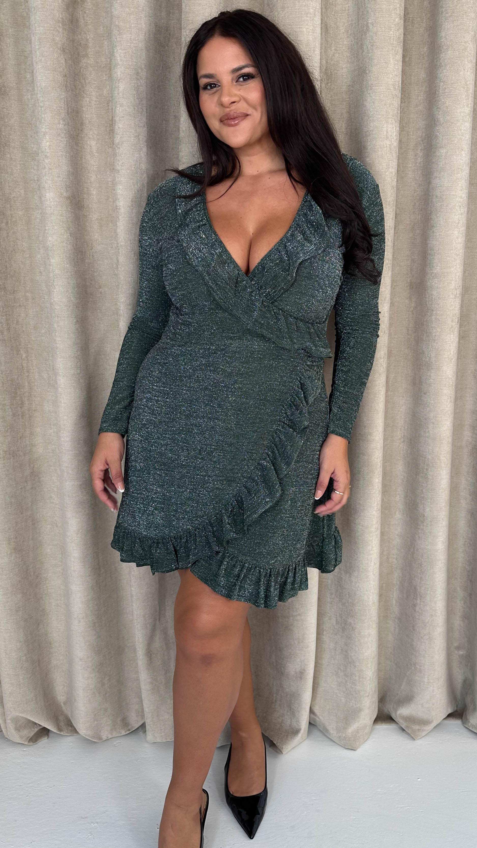 CurveWow Sparkle Ruffle Mini Dress Khaki - Insurauncei