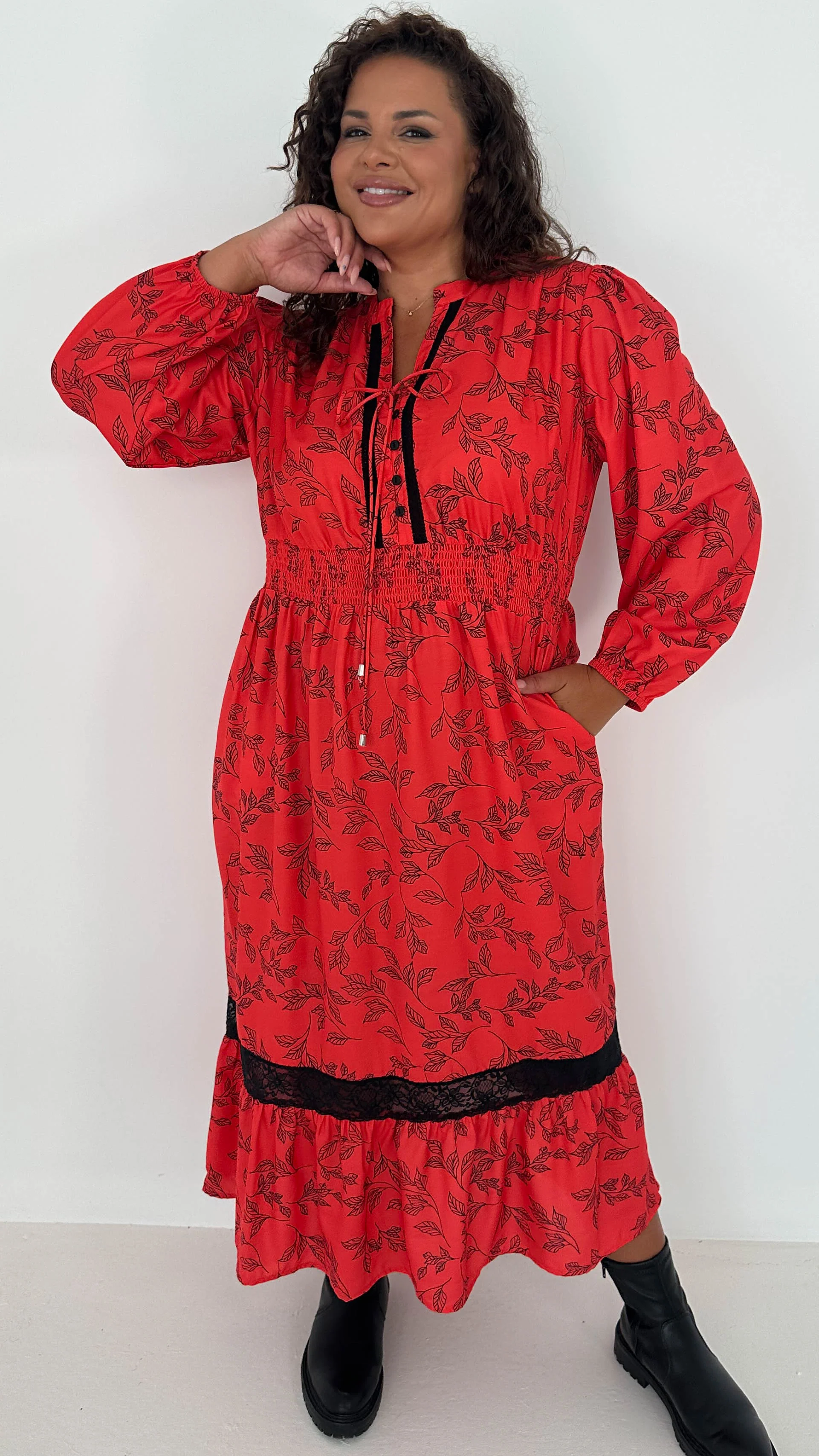 CurveWow Lace Insert Printed Midi Dress Red Leaf - Insurauncei