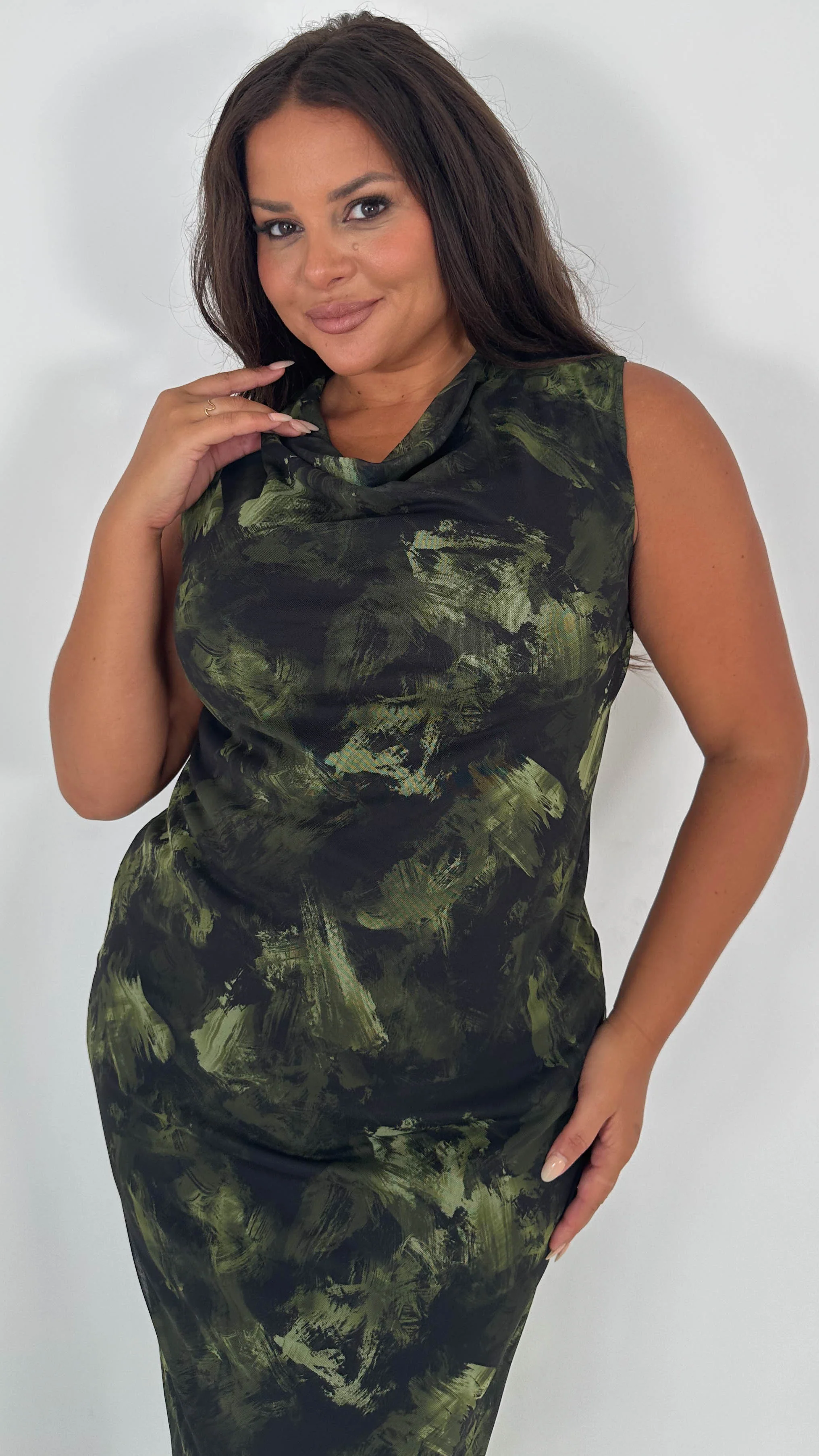 CurveWow Cowl Neck Mesh Midaxi Dress Green Brushstroke - Insurauncei