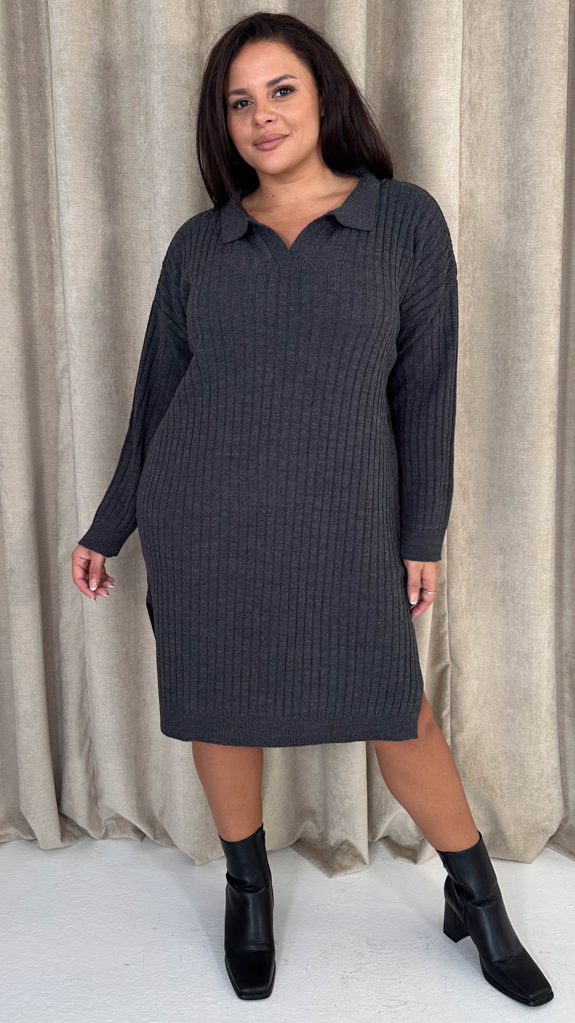 CurveWow Collar Rib Knitted Jumper Dress Charcoal - Insurauncei
