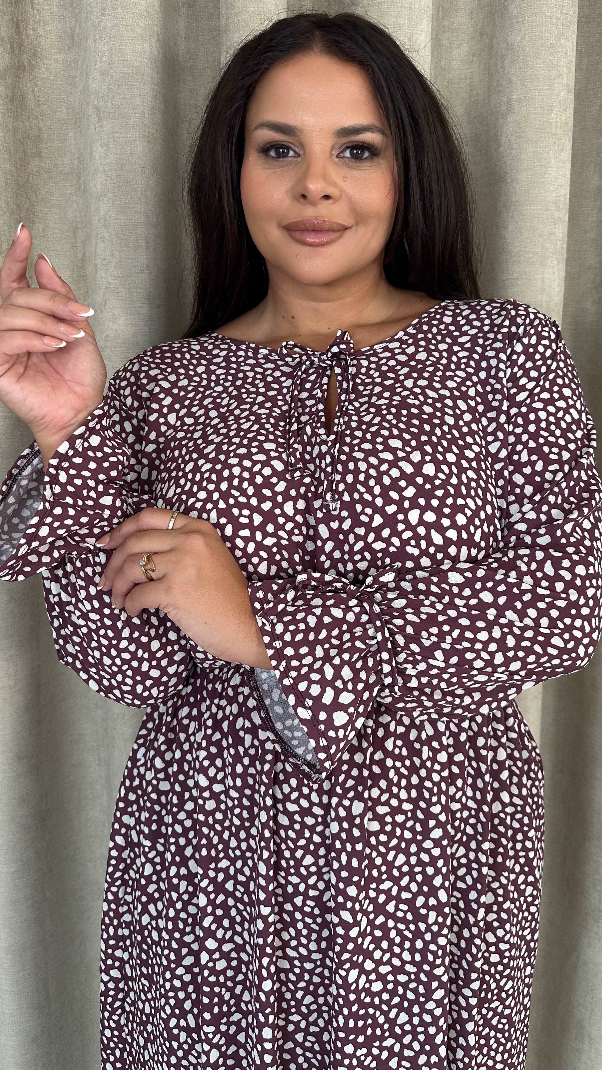 CurveWow Tie Cuff Midaxi Dress Plum Animal - Insurauncei