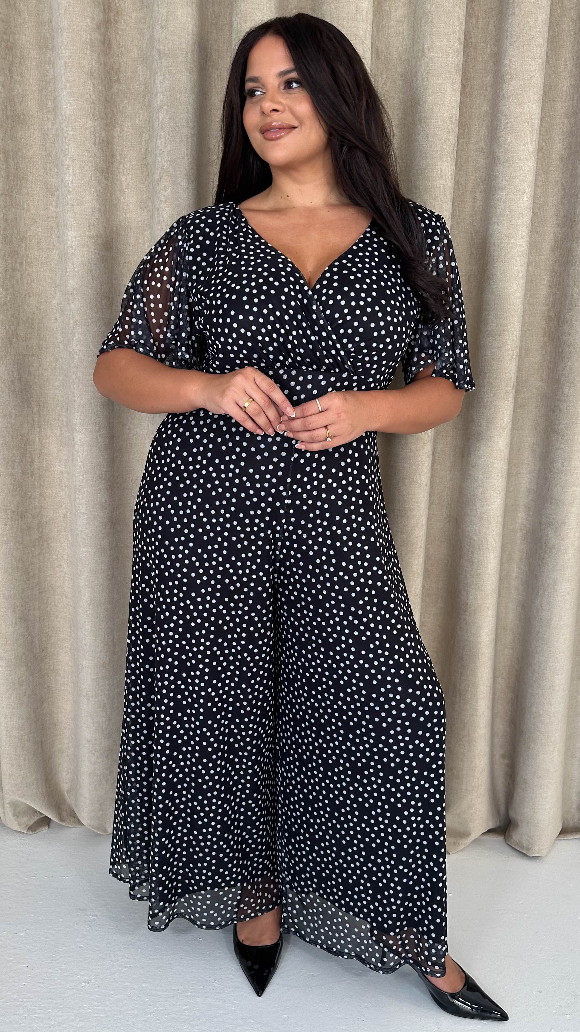 CurveWow Printed Mesh Angel Sleeve Wideleg Jumpsuit Spot - Insurauncei