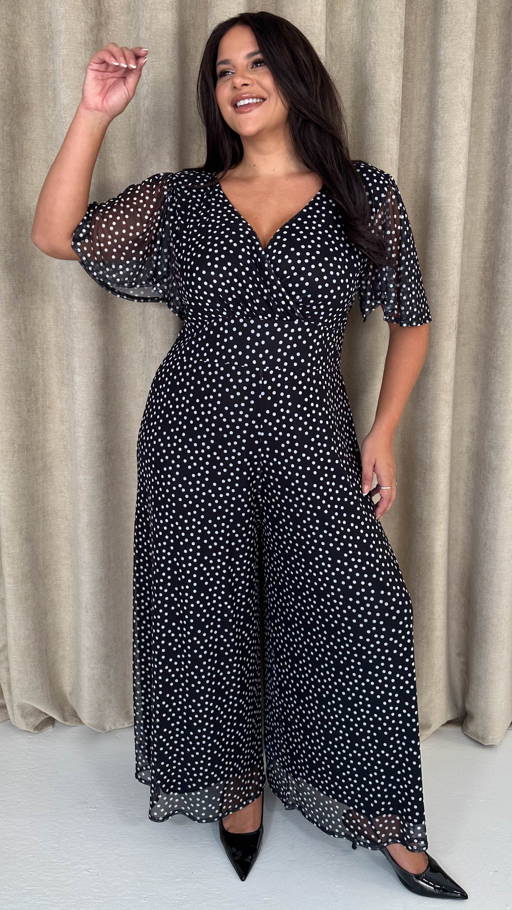 CurveWow Printed Mesh Angel Sleeve Wideleg Jumpsuit Spot - Insurauncei