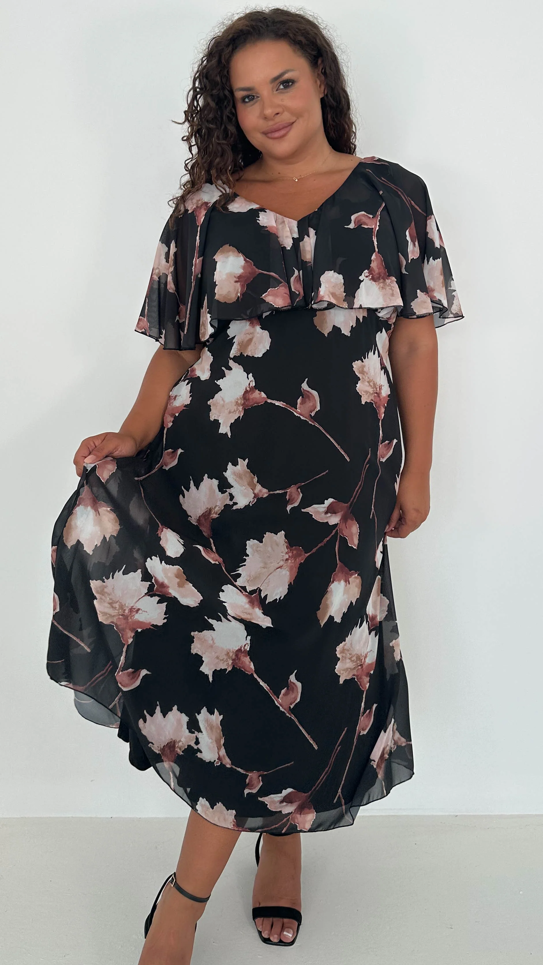CurveWow Cape Frill Midaxi Dress Black Floral - Insurauncei